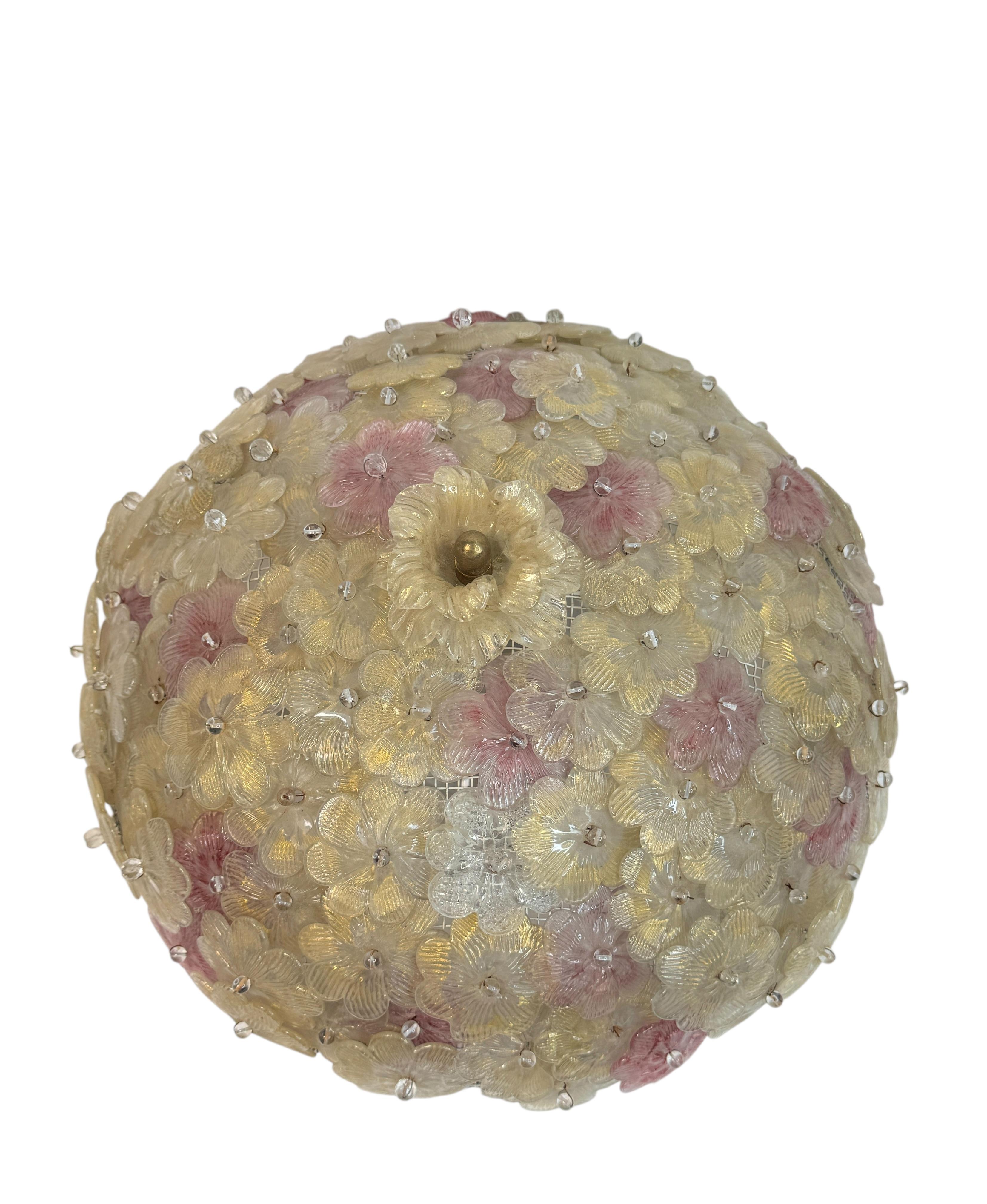 Métal Exceptionnel affleurant à fleurs rose et or Barovier&Toso Venise Italie, années 1960 en vente