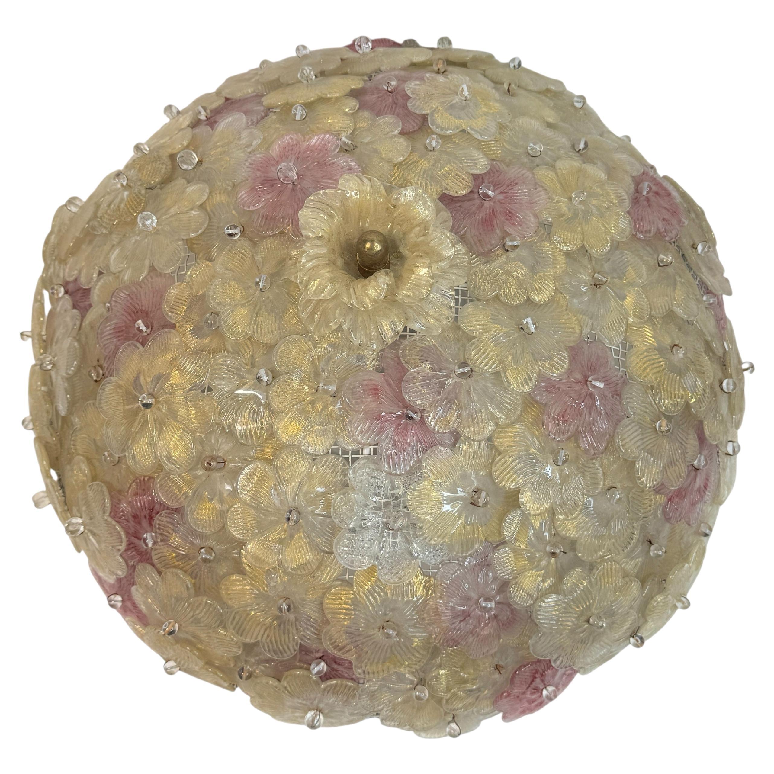 Exceptionnel affleurant à fleurs rose et or Barovier&Toso Venise Italie, années 1960