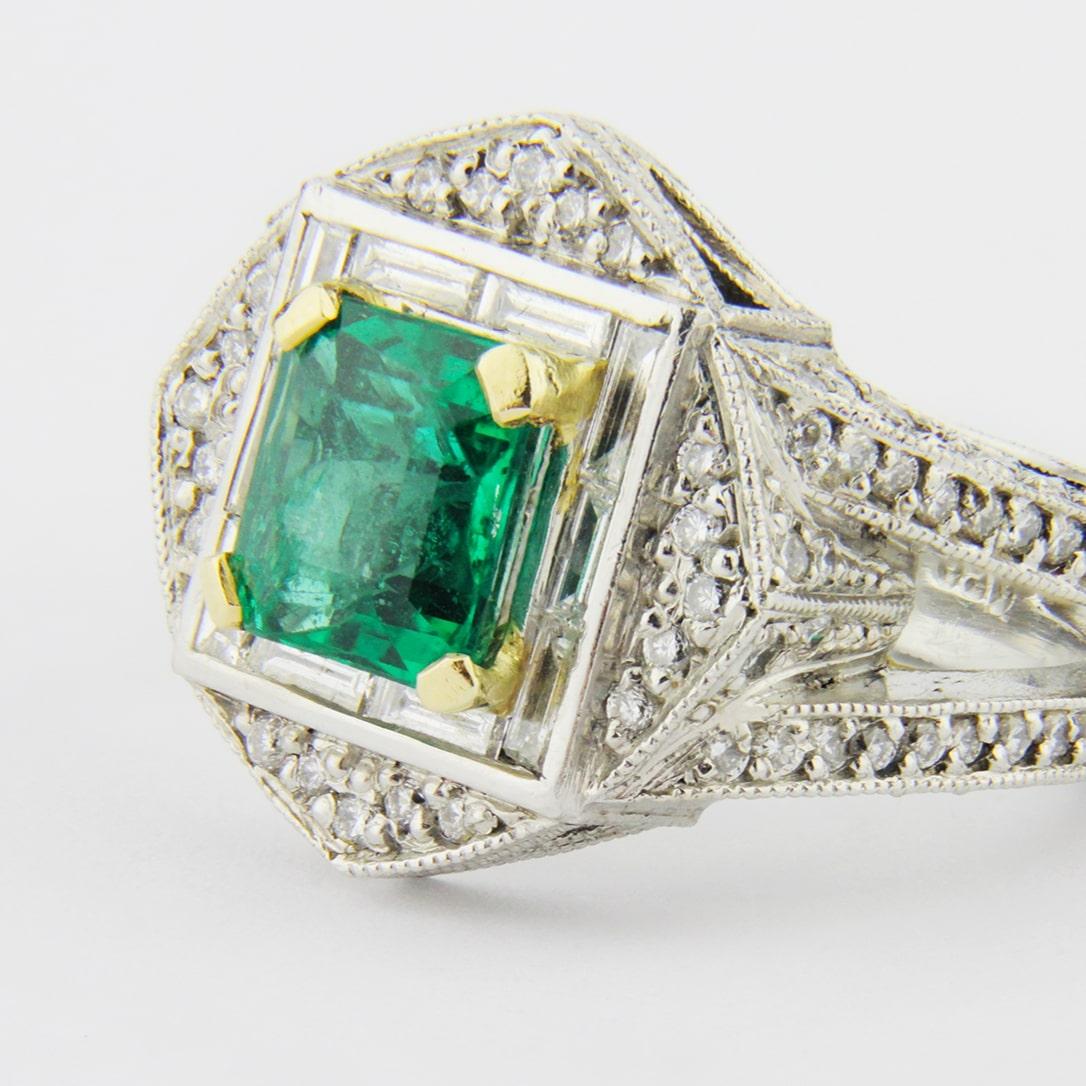 Octagon Cut Exceptional Platinum, Emerald and Diamond Ring