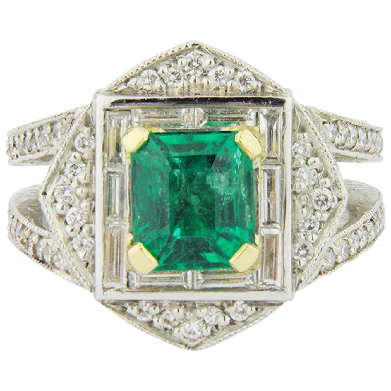 Exceptional Platinum, Emerald and Diamond Ring
