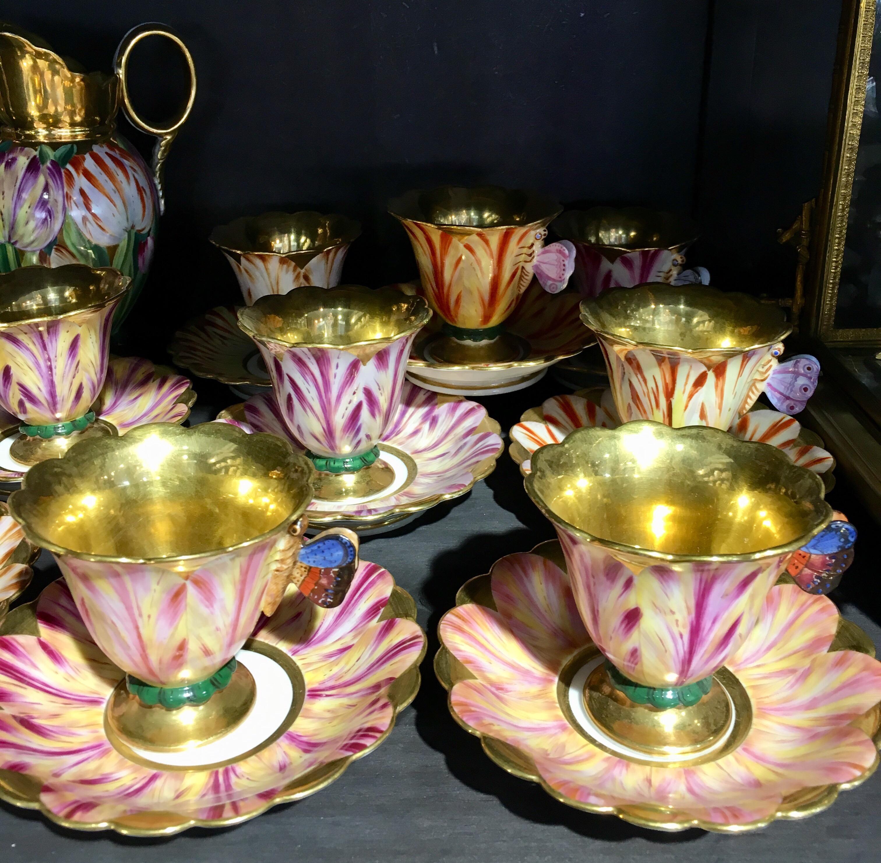 Mid-19th Century Exceptional Porcelaine de Paris Coffee Service, circa 1850, Tulips & Butterflies