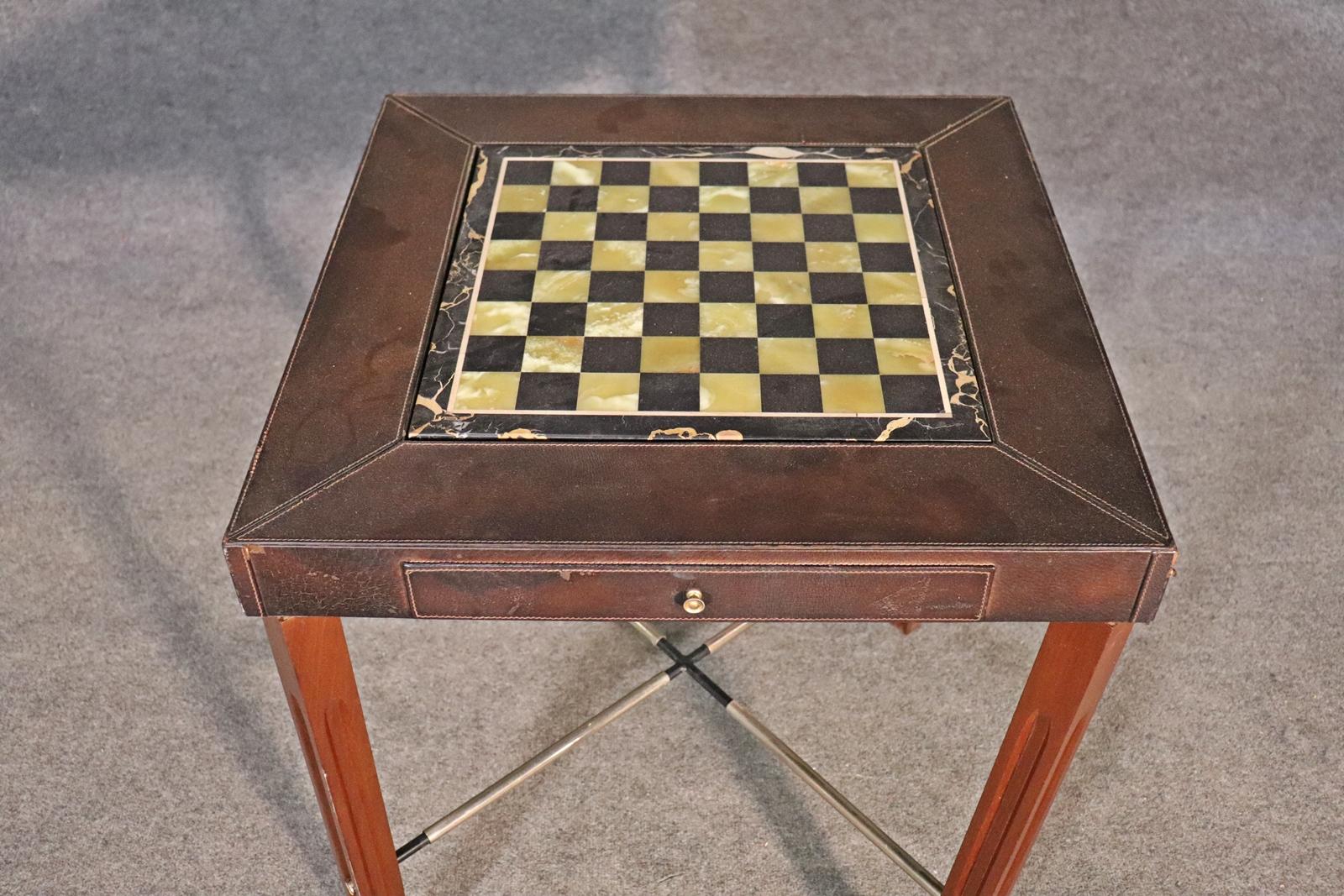 Exceptional Quality Aldo Tura Style Onyx and Leather Games Tables with Pieces In Good Condition In Swedesboro, NJ