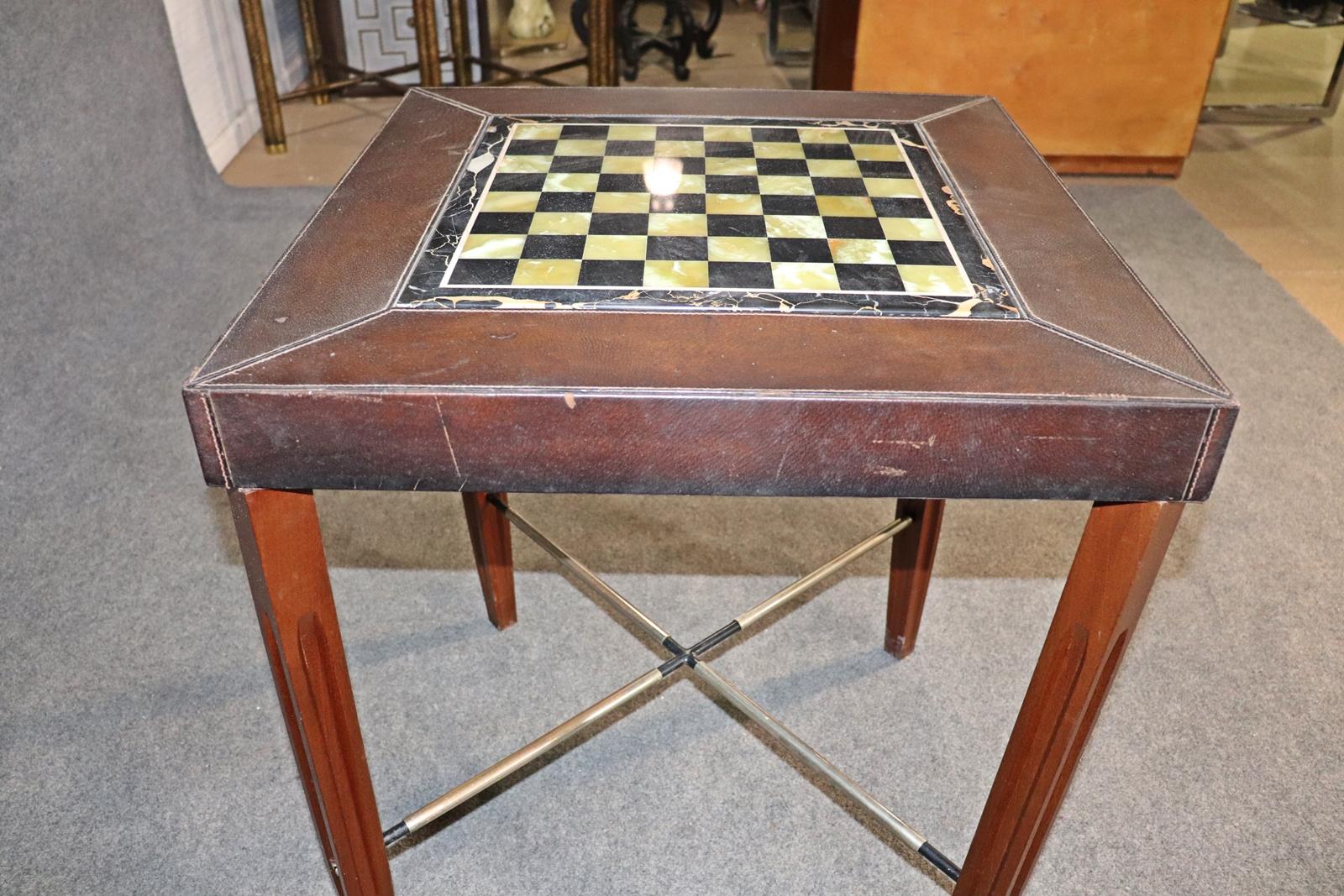 Metal Exceptional Quality Aldo Tura Style Onyx and Leather Games Tables with Pieces