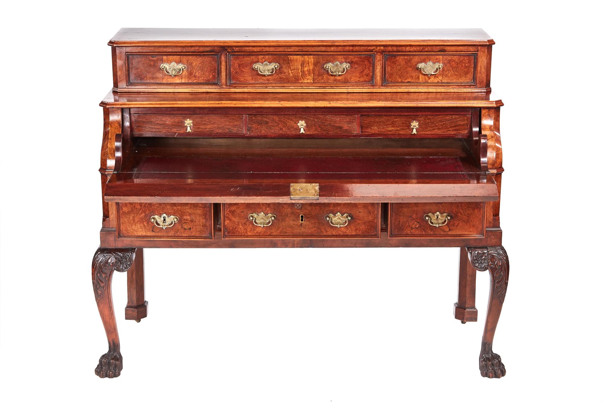 Exceptional quality antique 19th century Victorian burr walnut bureau having three drawers above a beautiful shaped fall enclosing a wonderful fitted exterior with three long drawers and a leather writing surface, a further three drawers beneath all