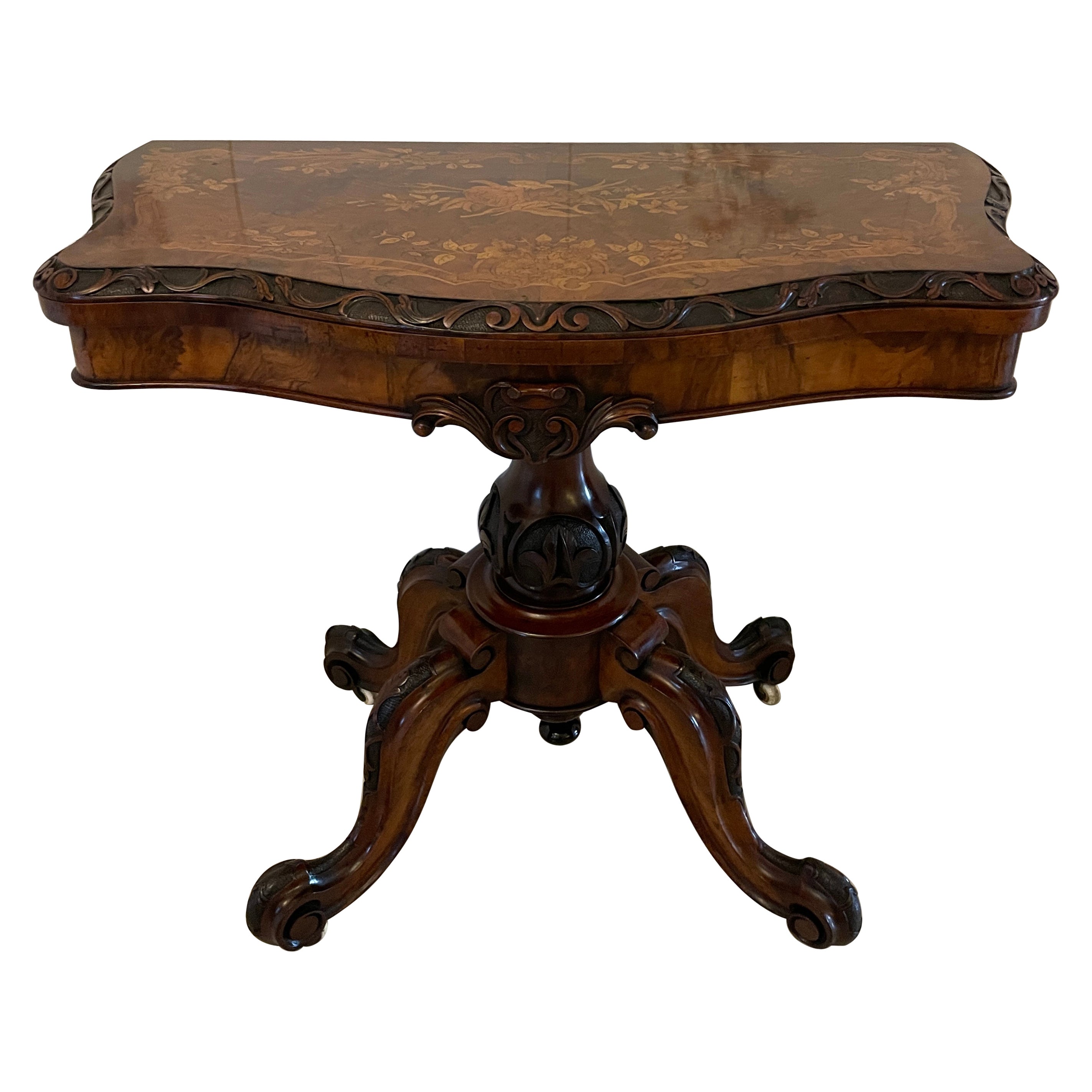 Table console ancienne de qualité exceptionnelle en ronce de noyer incrustée de marqueterie florale