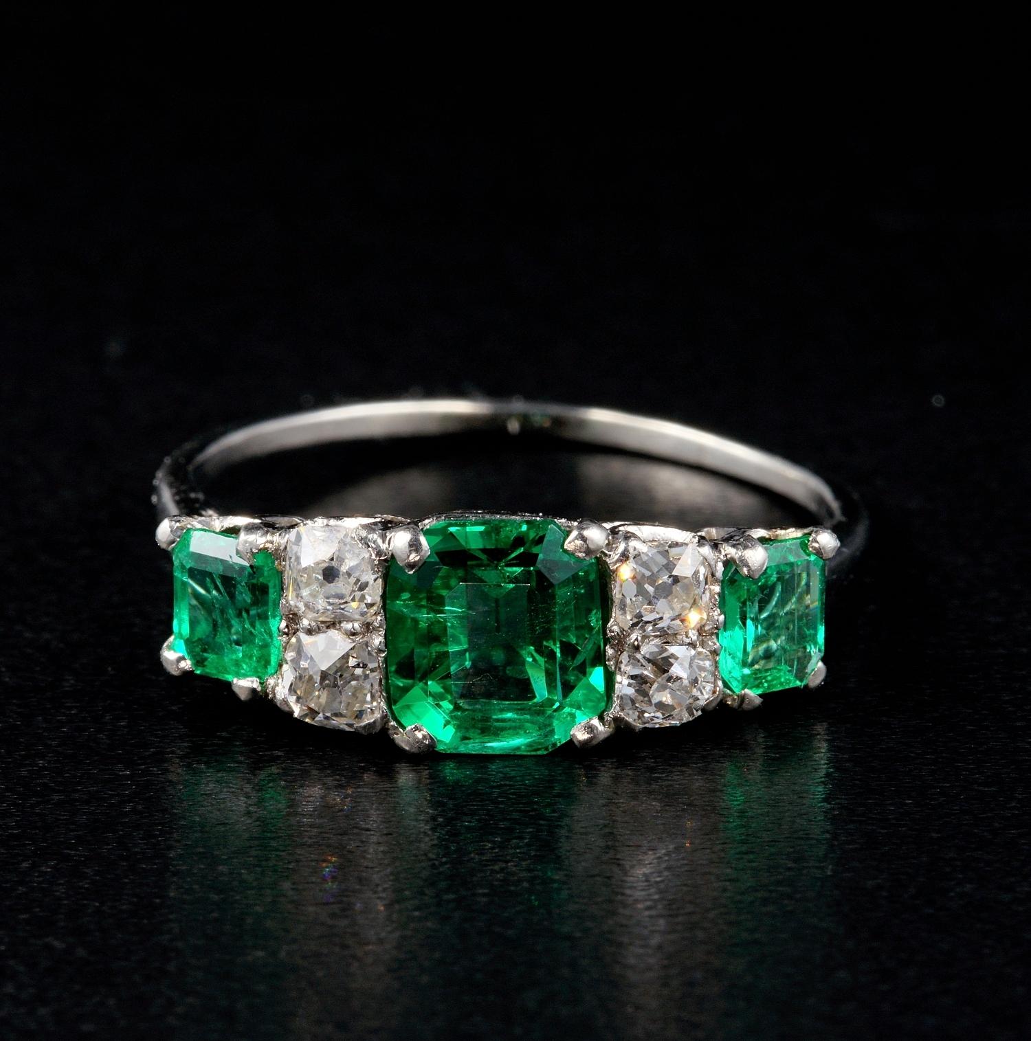 Rare Quality!

This exceptionally beautiful Art Deco Colombian Emerald and Diamond trilogy ring is quality at peak!

1920 ca all crafted of solid Platinum boasts a selection of Rare Emeralds being Colombian origin, with the main Emerald set in the