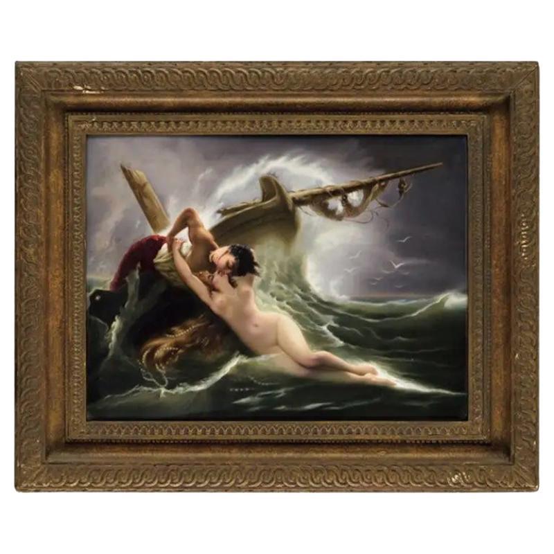 Exceptional Quality Berlin K.P.M Porcelain Plaque "Kiss of the Wave", F. Wagner For Sale
