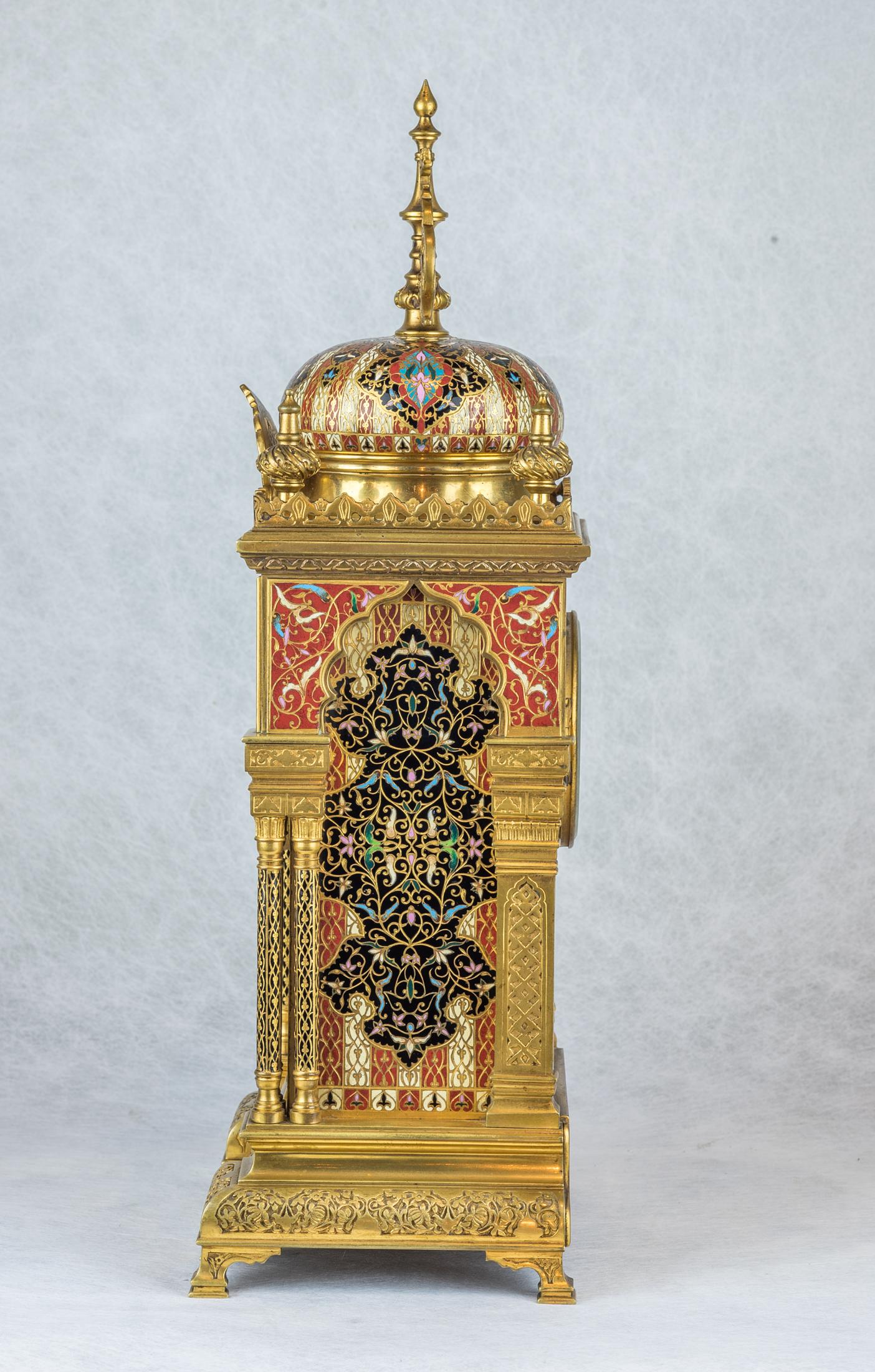 French Exceptional Quality Bronze Mounted Champlevé Enamel Clockset in Morish Style For Sale