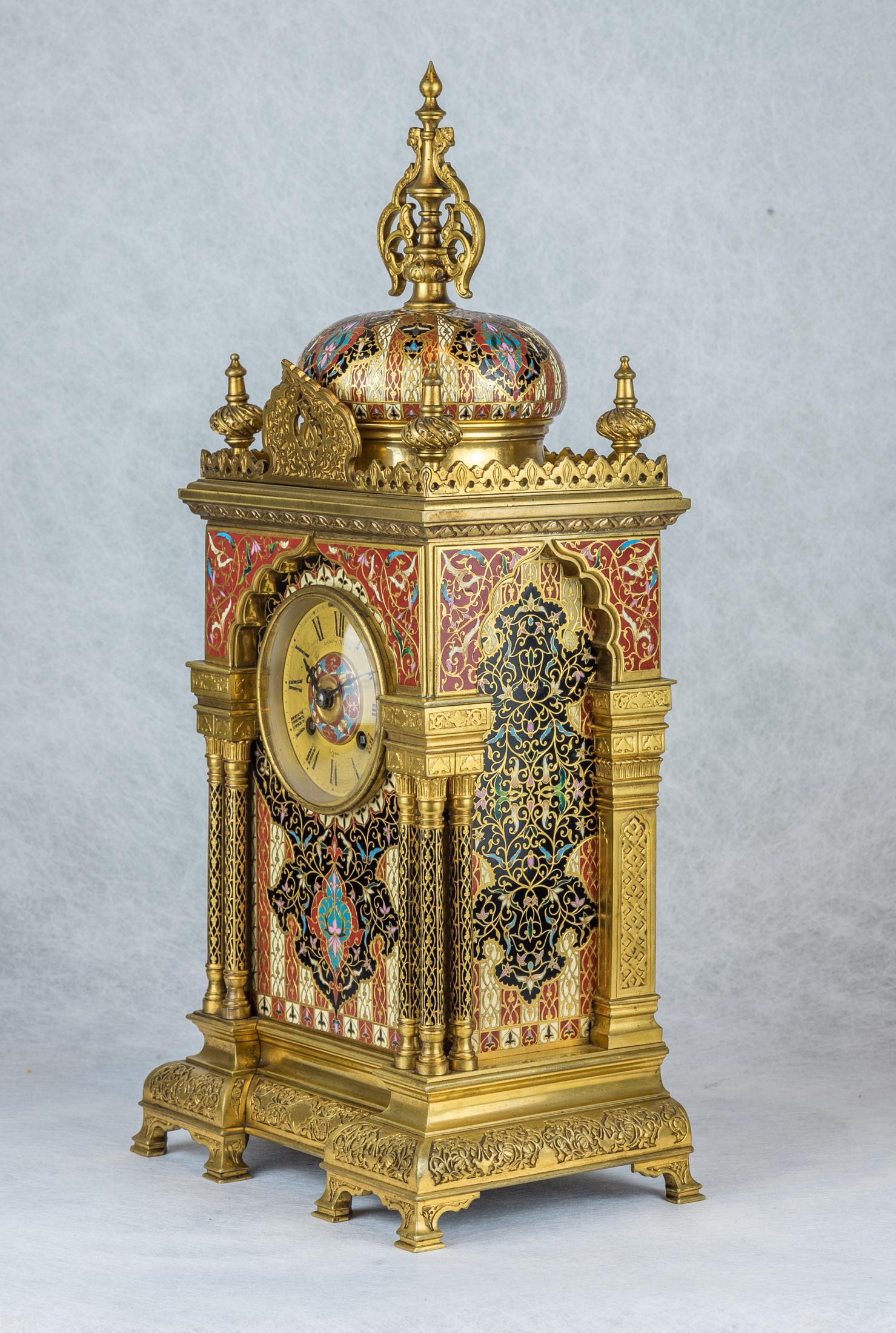 Exceptional Quality Bronze Mounted Champlevé Enamel Clockset in Morish Style In Good Condition For Sale In New York, NY