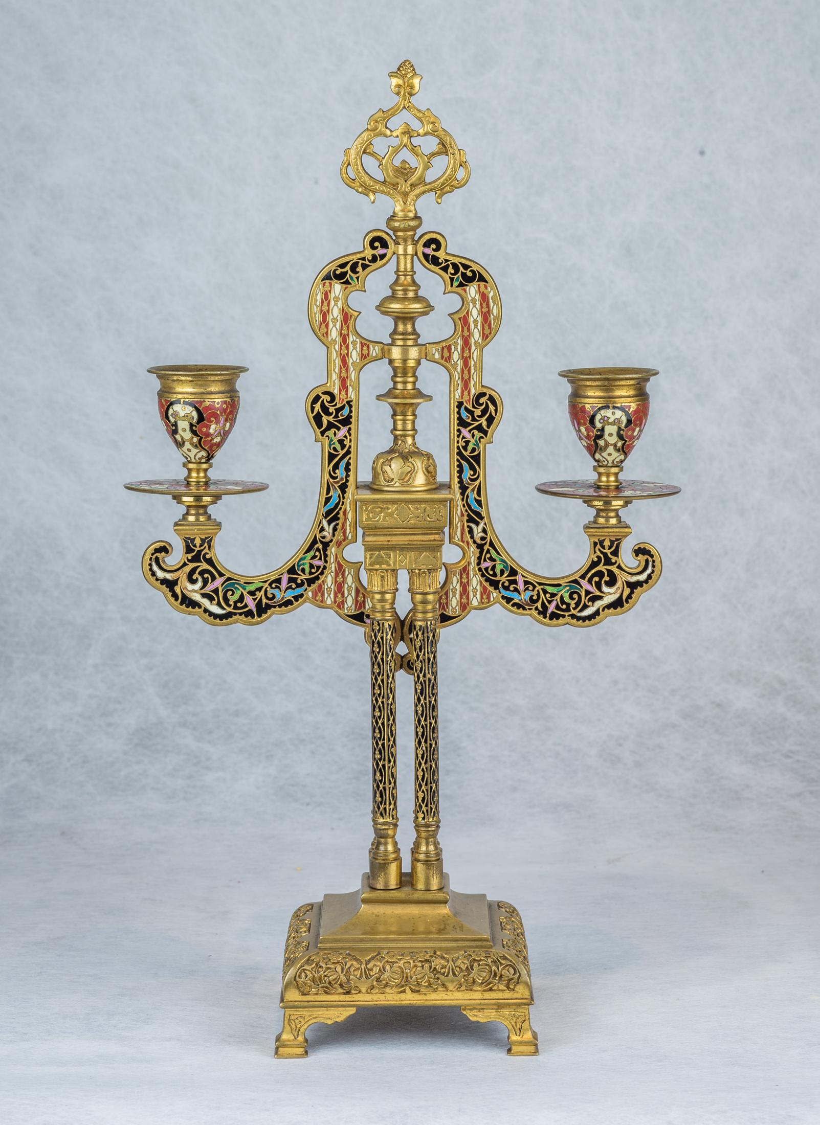Exceptional Quality Bronze Mounted Champlevé Enamel Clockset in Morish Style For Sale 3