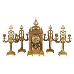 Exceptional Quality Bronze Mounted Champlevé Enamel Clockset in Morish Style