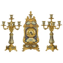 Exceptional Quality Bronze Mounted Champlevé Enamel Clockset Retailed by Tiffany