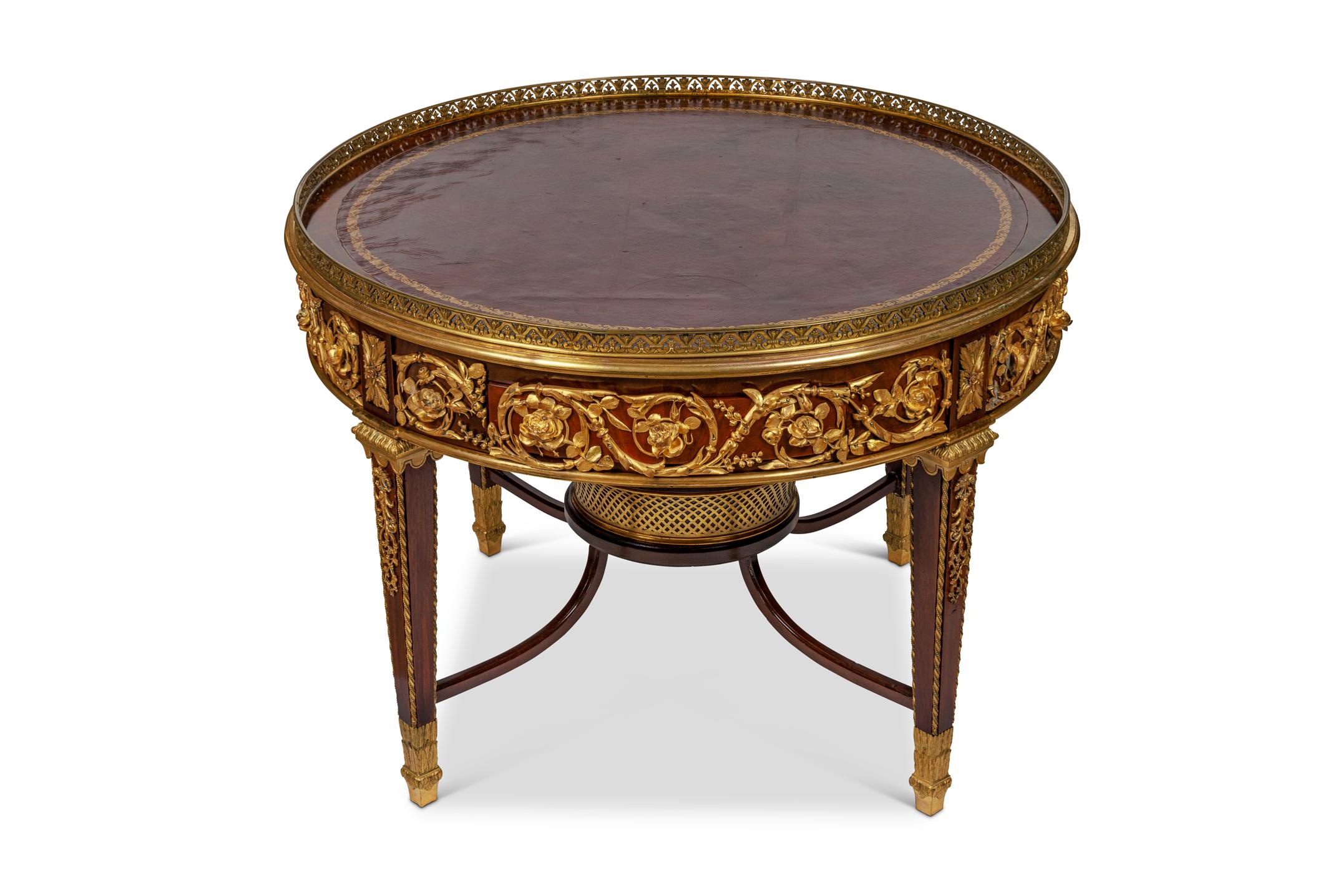 An exceptional quality Louis XVI style French ormolu-mounted mahogany and leather coffee center table, attributed to Francois Linke, Paris, circa 1880.

With exceptional quality ormolu mounts throughout. 

Has two drawers and two slide outs. The
