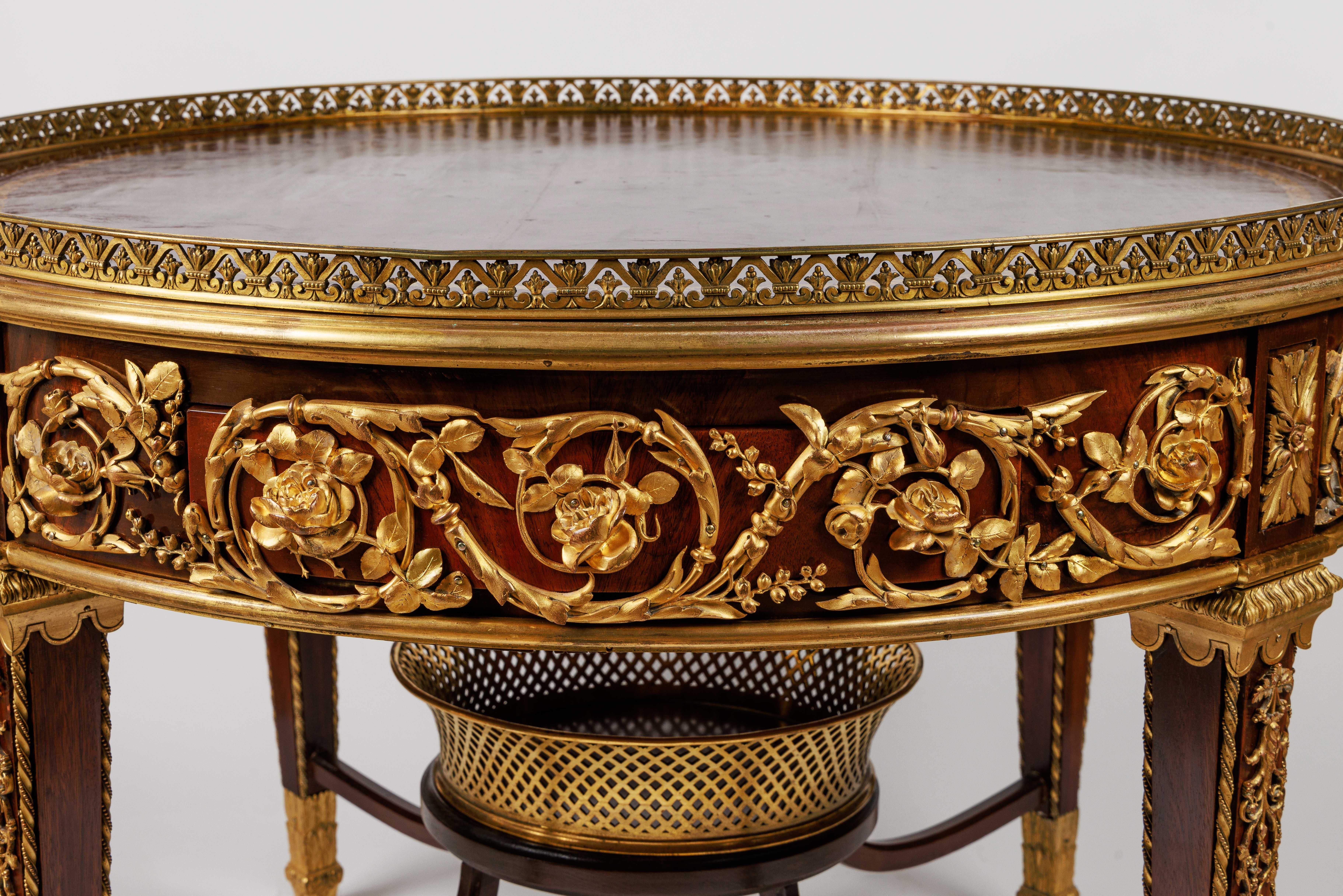 19th Century Exceptional Quality French Ormolu-Mounted Mahogany Center Table, Attrib F. Linke For Sale