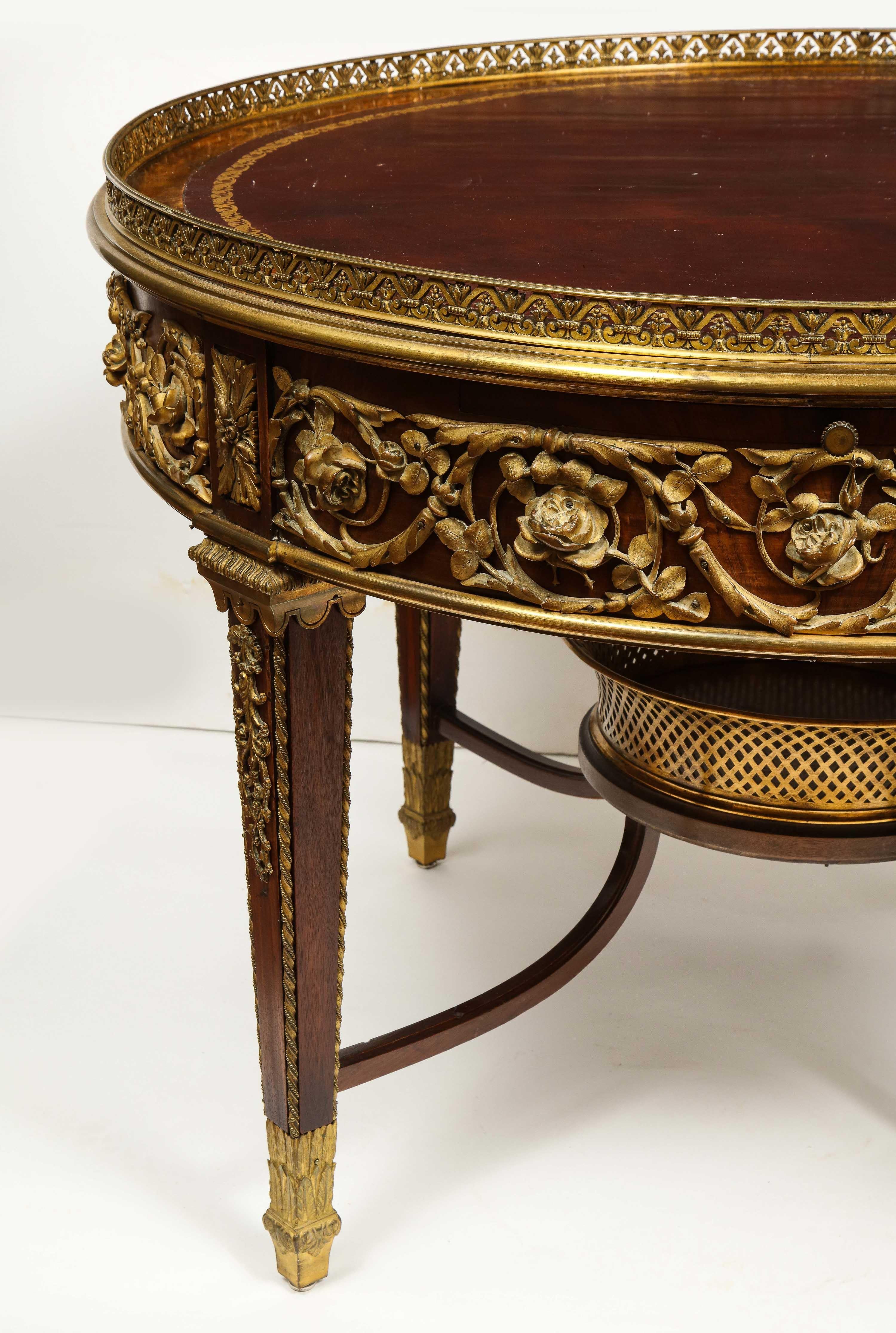 Bronze Exceptional Quality French Ormolu-Mounted Mahogany Center Table, Attrib F. Linke