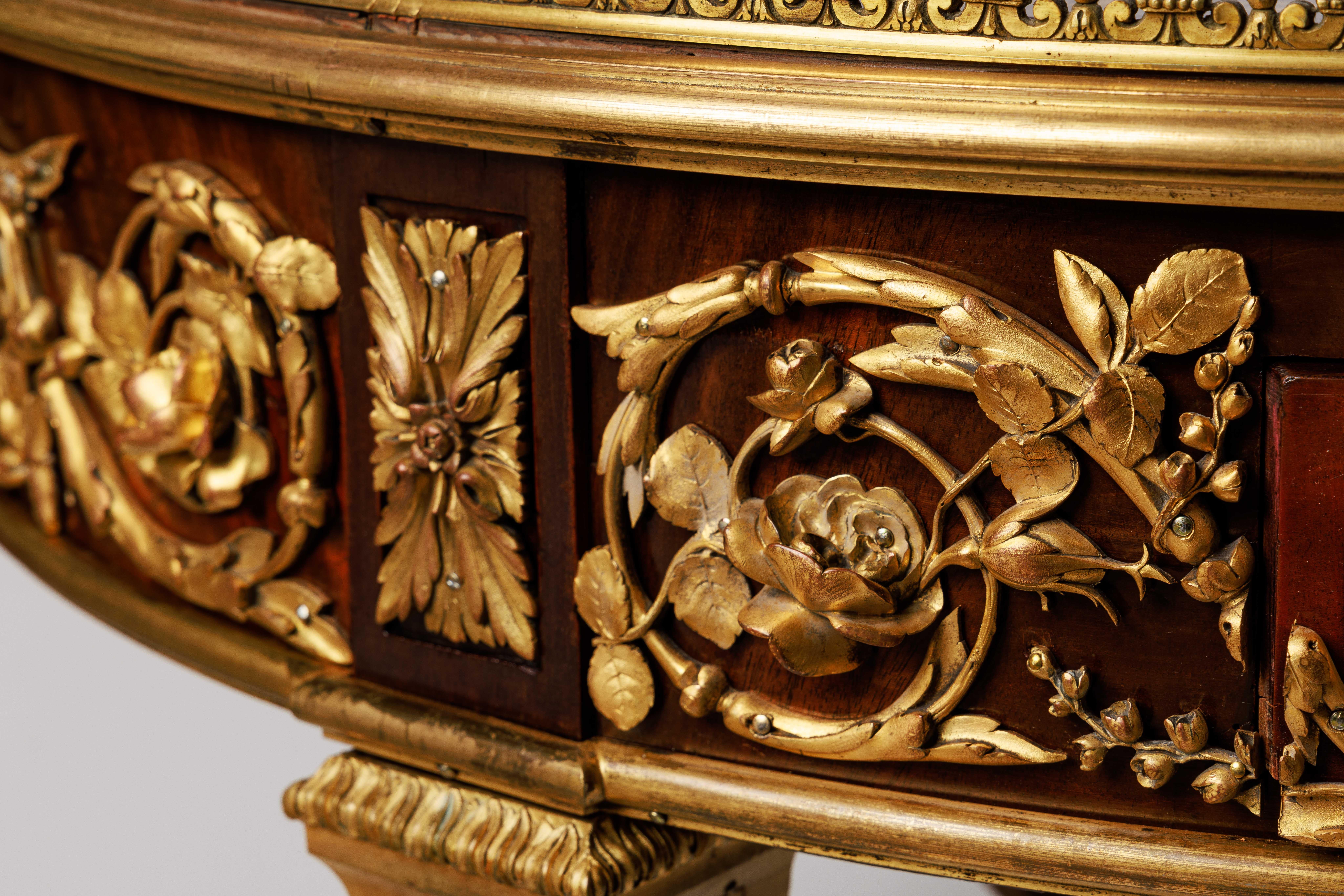 Bronze Exceptional Quality French Ormolu-Mounted Mahogany Center Table, Attrib F. Linke For Sale