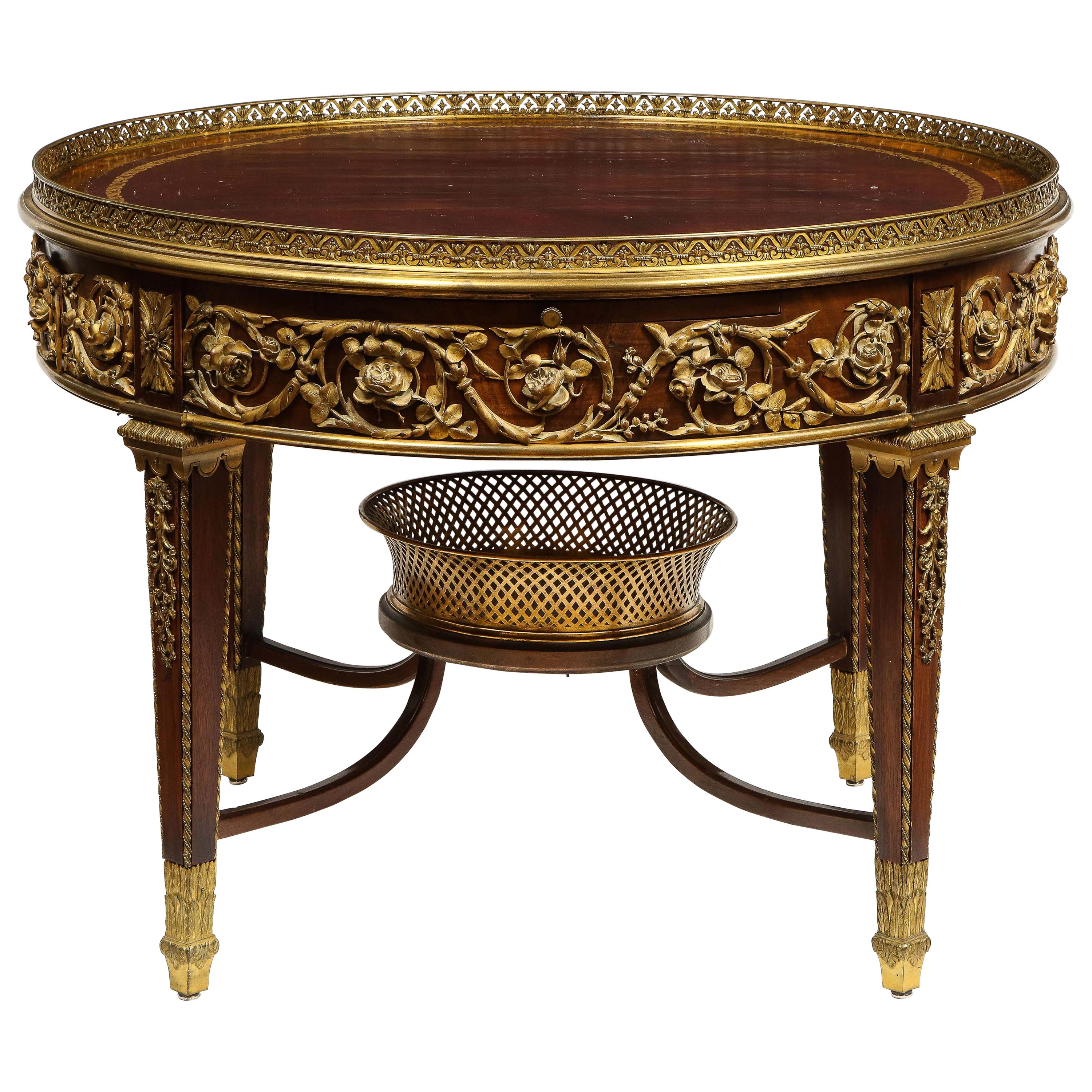 Exceptional Quality French Ormolu-Mounted Mahogany Center Table, Attrib F. Linke