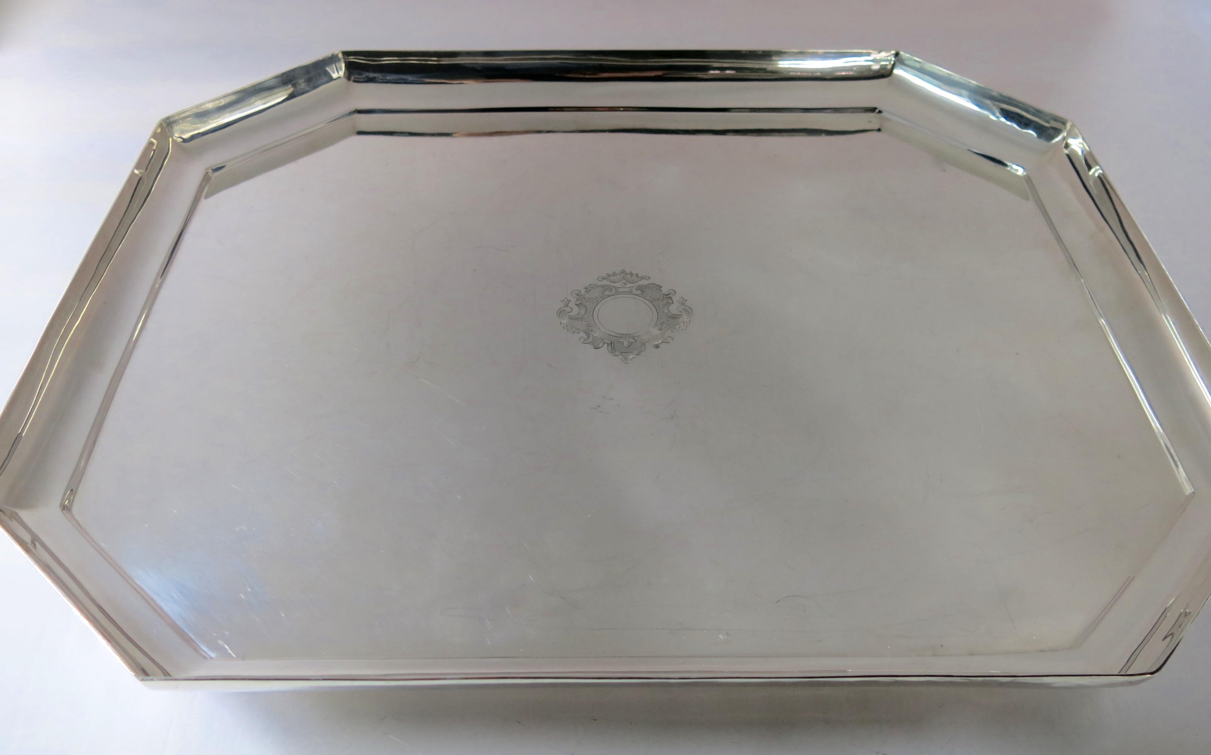 English, sterling silver Deco, large octagonal handwrought footed tray, measuring 22