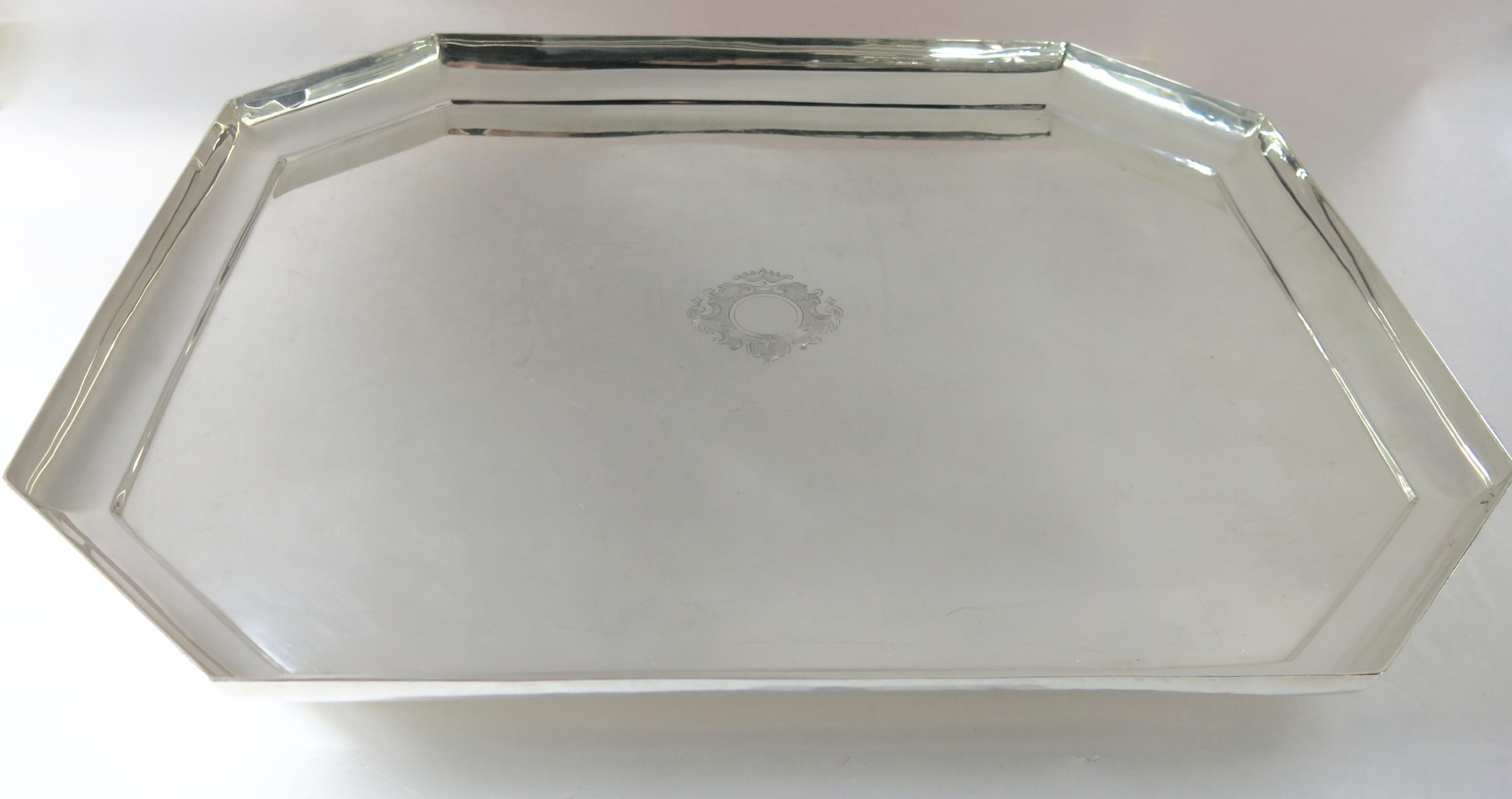 English Exceptional Quality, Hand Wrought Octagonal Deco Sterling Silver Tray For Sale