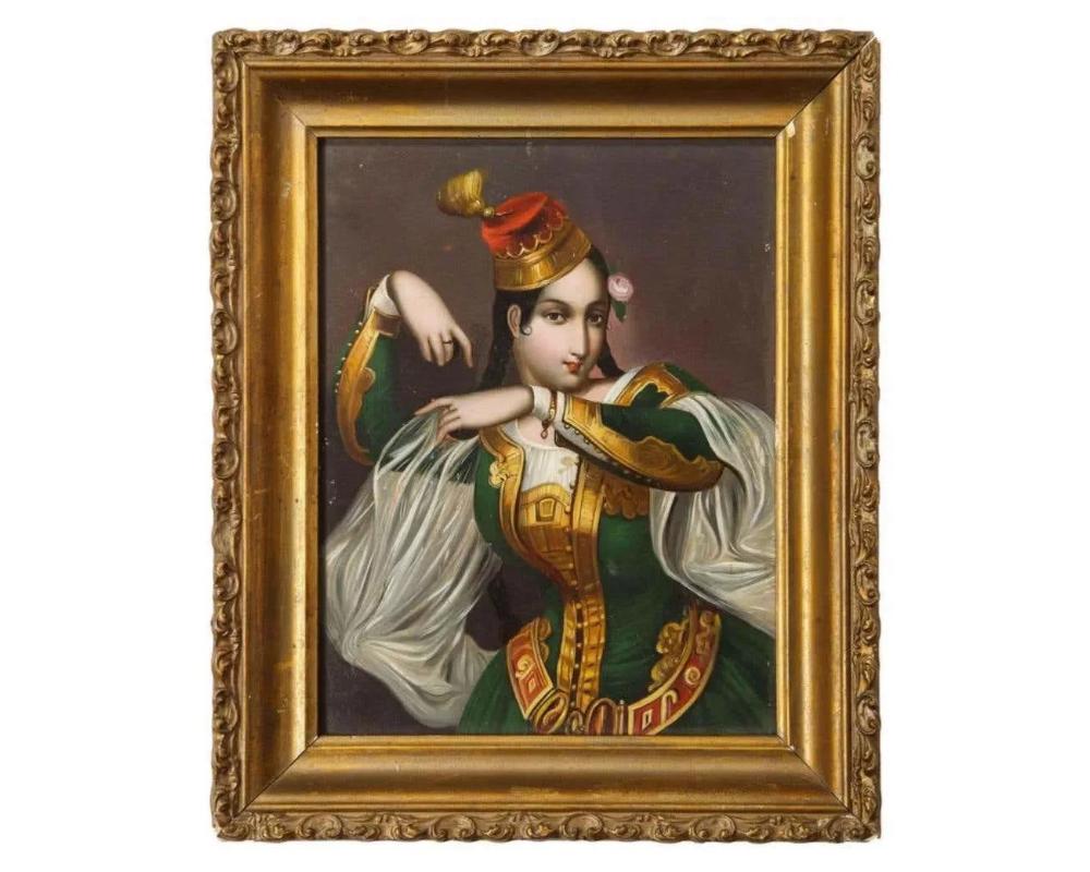An exceptional quality miniature painting of an orientalist dancer, 19th century, circa 1860

Depicting an orientalist Turkish dancer in green attire with her hat in original giltwood frame.

Painted on panel.

Panel size: 6.5