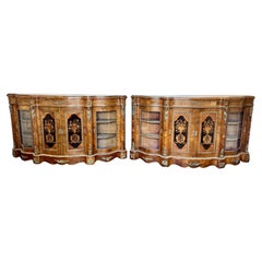 Exceptional quality pair of antique Victorian walnut marquetry inlaid credenzas