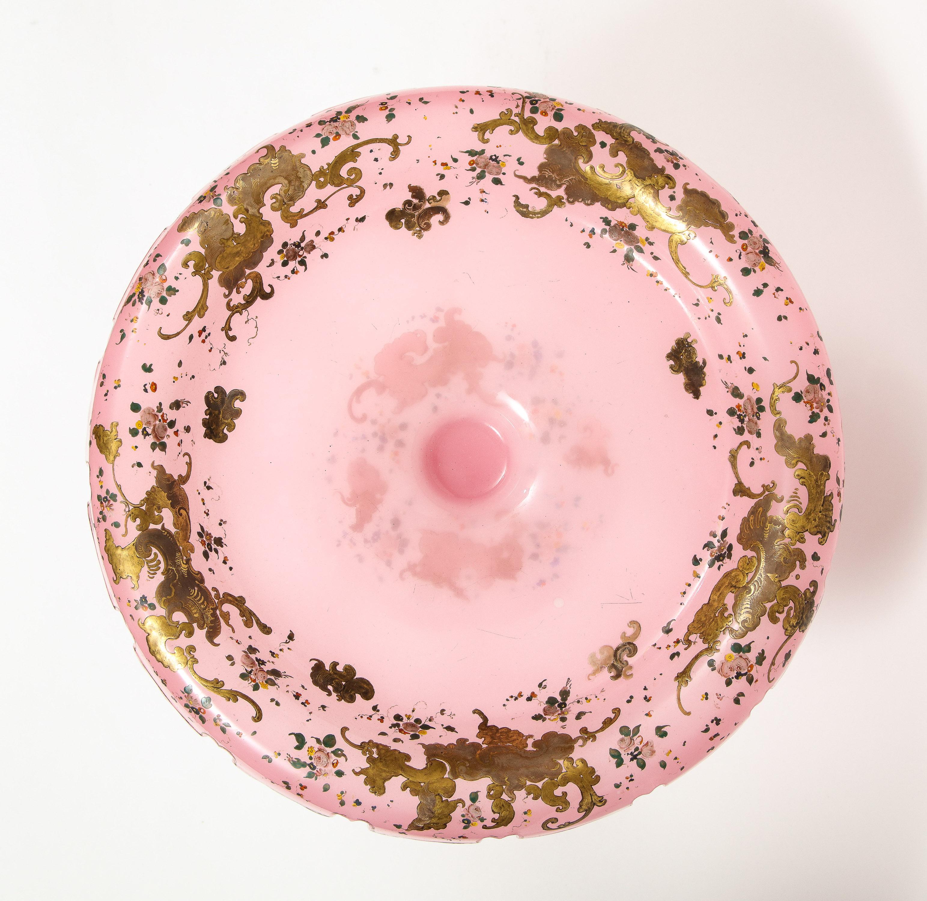 Exceptional Quality Pink Triple Overlay Enameled Bohemian Glass Cake Stand 4