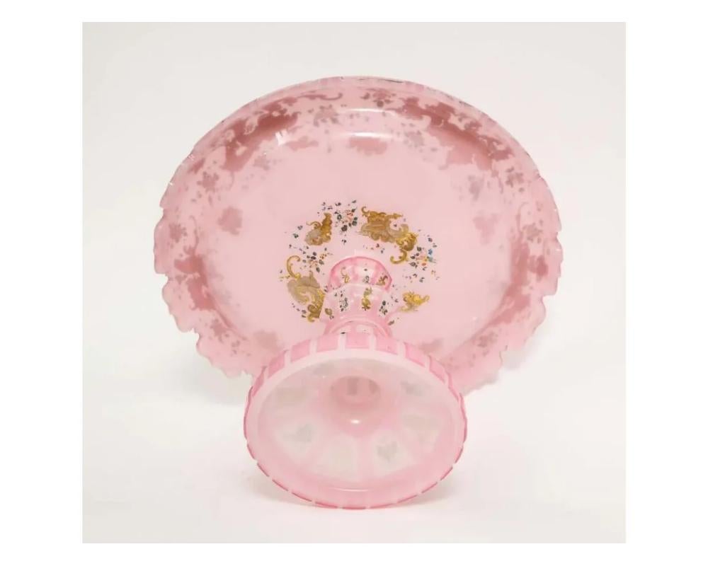 Exceptional Quality Pink Triple Overlay Enameled Bohemian Glass Cake Stand For Sale 5