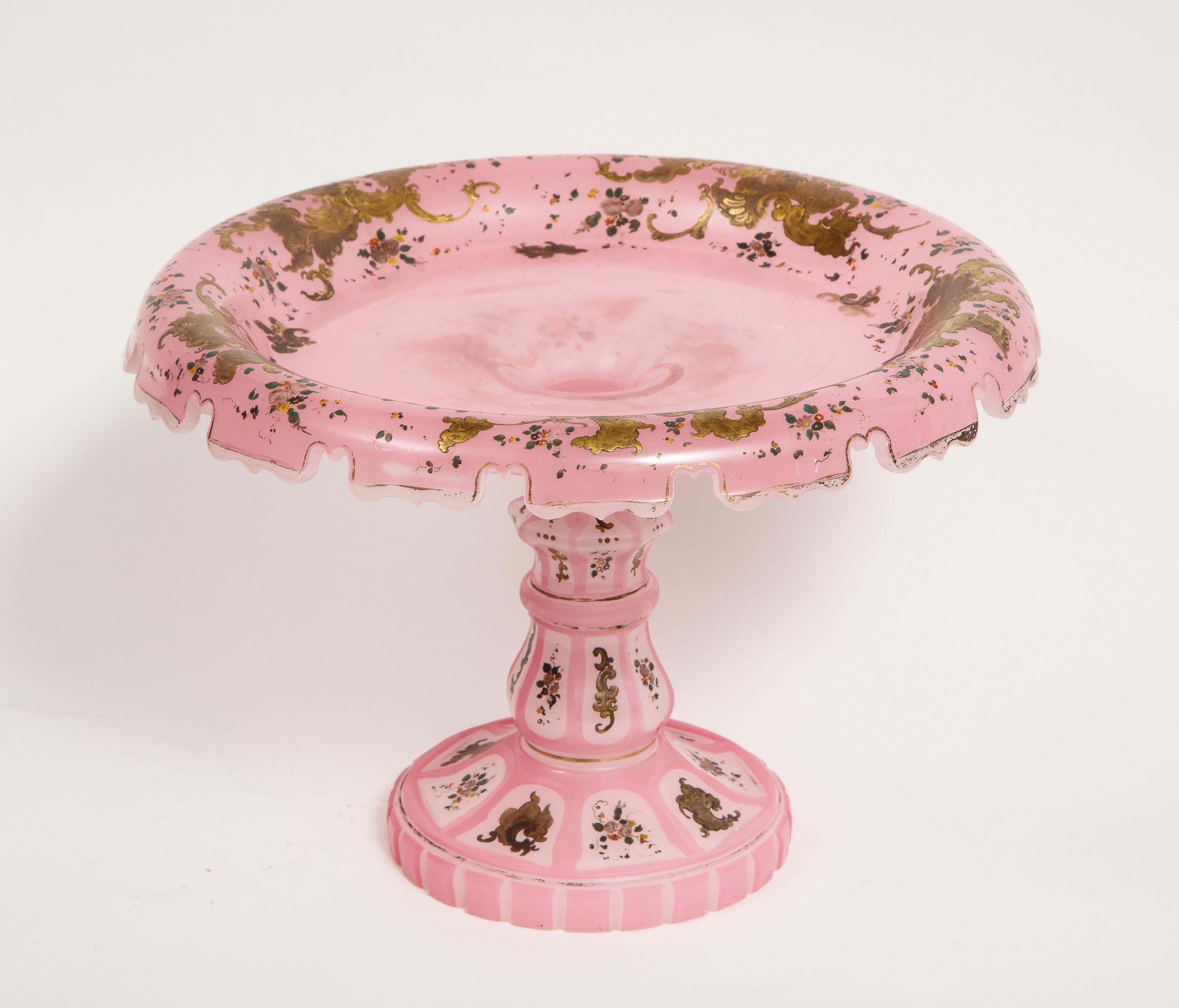 Exceptional Quality Pink Triple Overlay Enameled Bohemian Glass Cake Stand 7