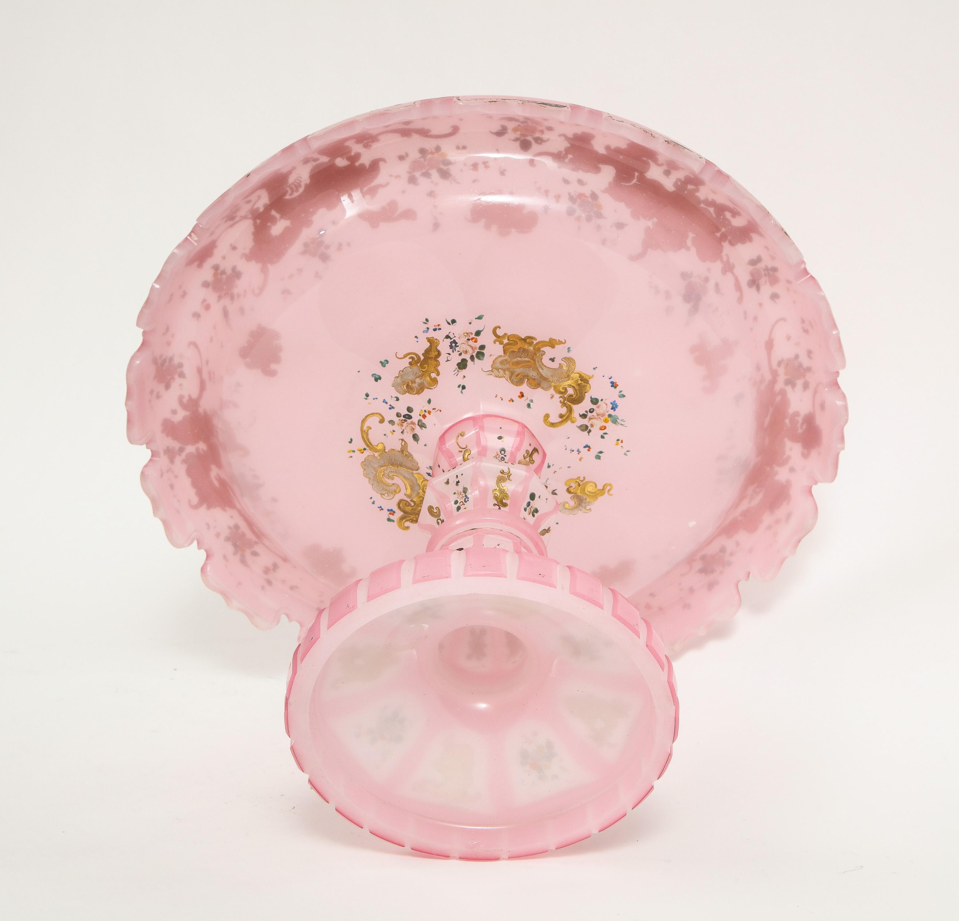 Exceptional Quality Pink Triple Overlay Enameled Bohemian Glass Cake Stand 9
