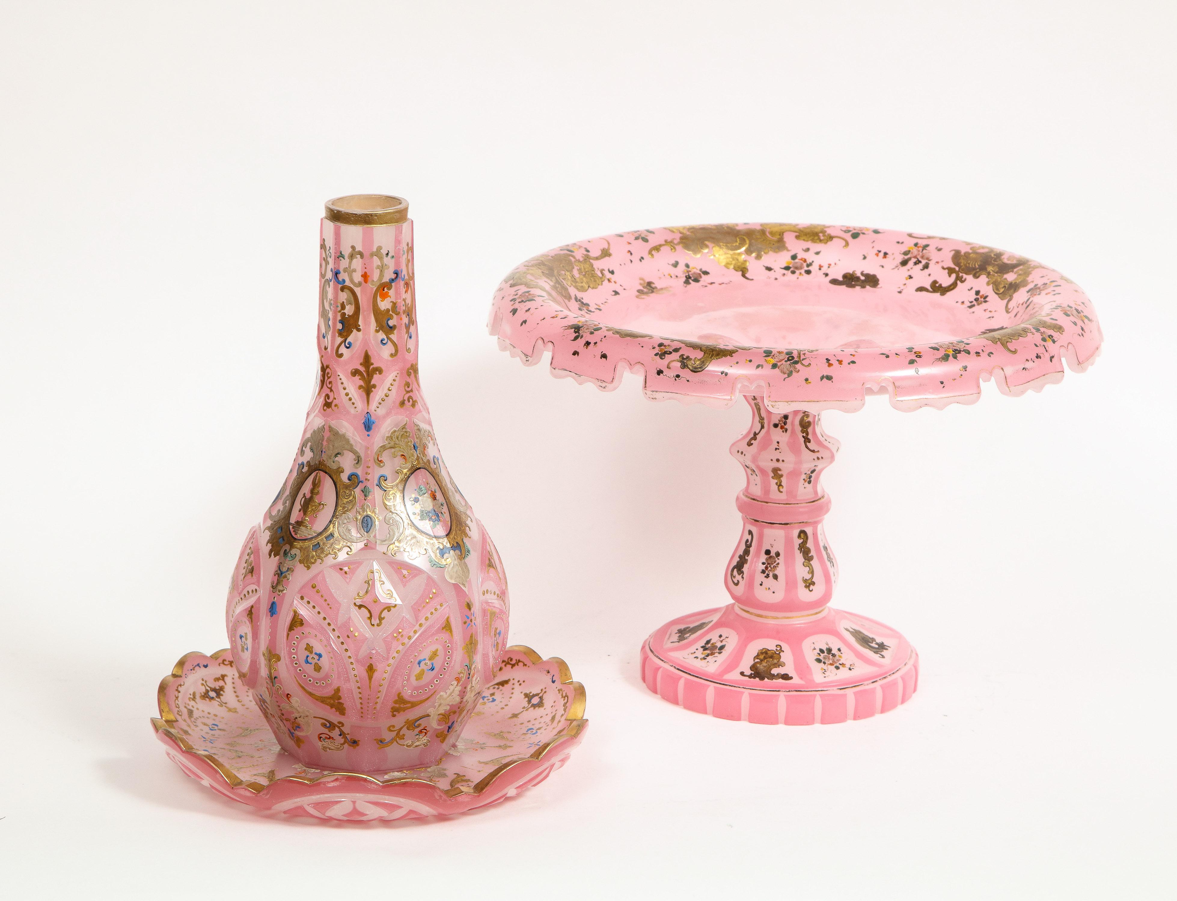 Exceptional Quality Pink Triple Overlay Enameled Bohemian Glass Cake Stand 12