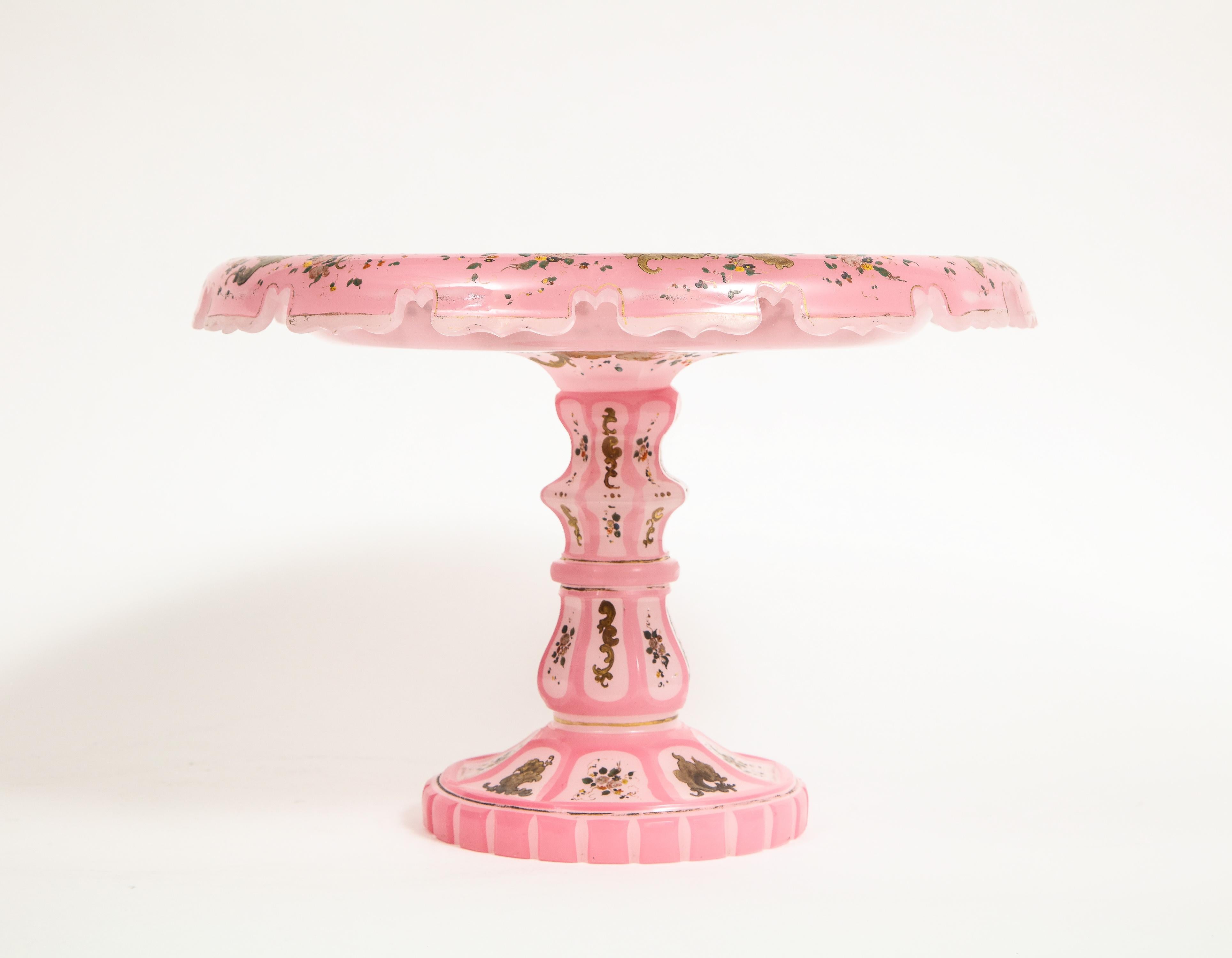Exceptional quality pink triple overlay enameled bohemian glass cake stand centerpiece, 19th century.

Made for the Ottoman Islamic market.

Fantastic detailing throughout, enameled with flowers.

Measures: 9