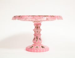 Exceptional Quality Pink Triple Overlay Enameled Bohemian Glass Cake Stand