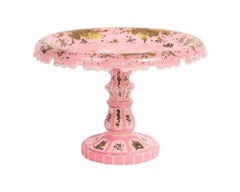 Exceptional Quality Pink Triple Overlay Enameled Bohemian Glass Cake Stand