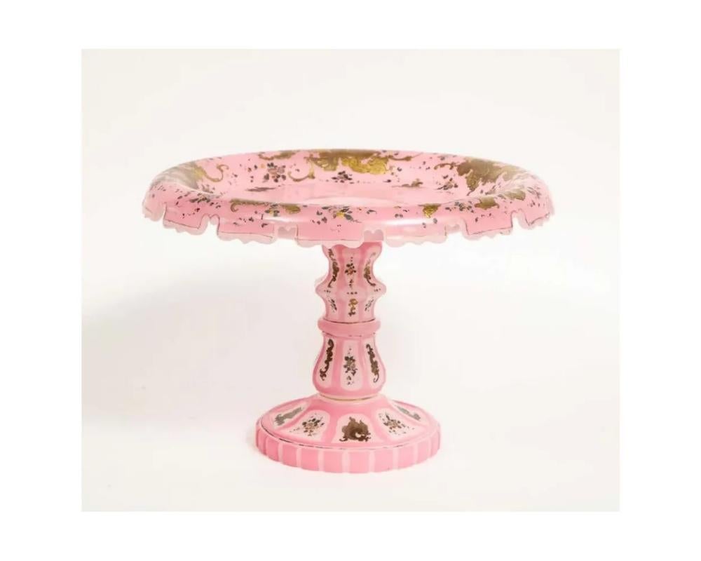 Unknown Exceptional Quality Pink Triple Overlay Enameled Bohemian Glass Cake Stand For Sale