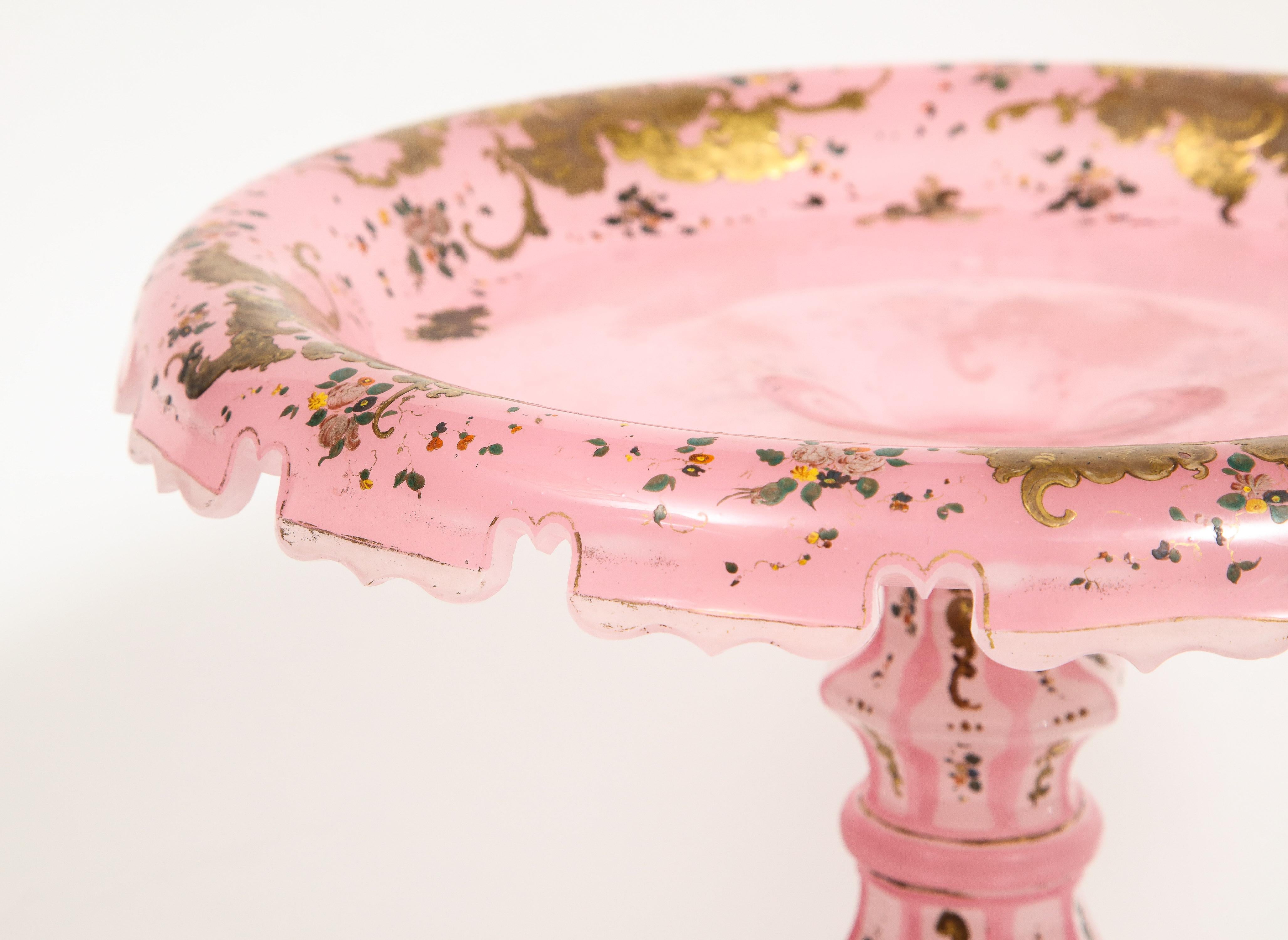Czech Exceptional Quality Pink Triple Overlay Enameled Bohemian Glass Cake Stand