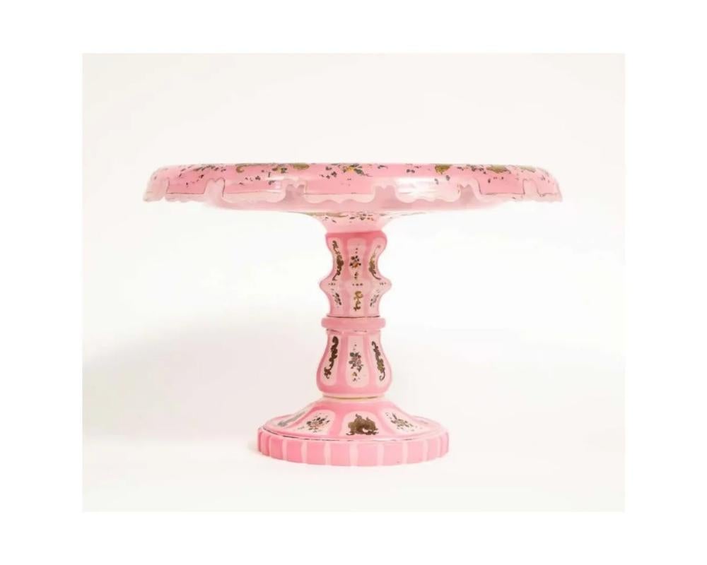 Exceptional Quality Pink Triple Overlay Enameled Bohemian Glass Cake Stand In Good Condition For Sale In New York, NY