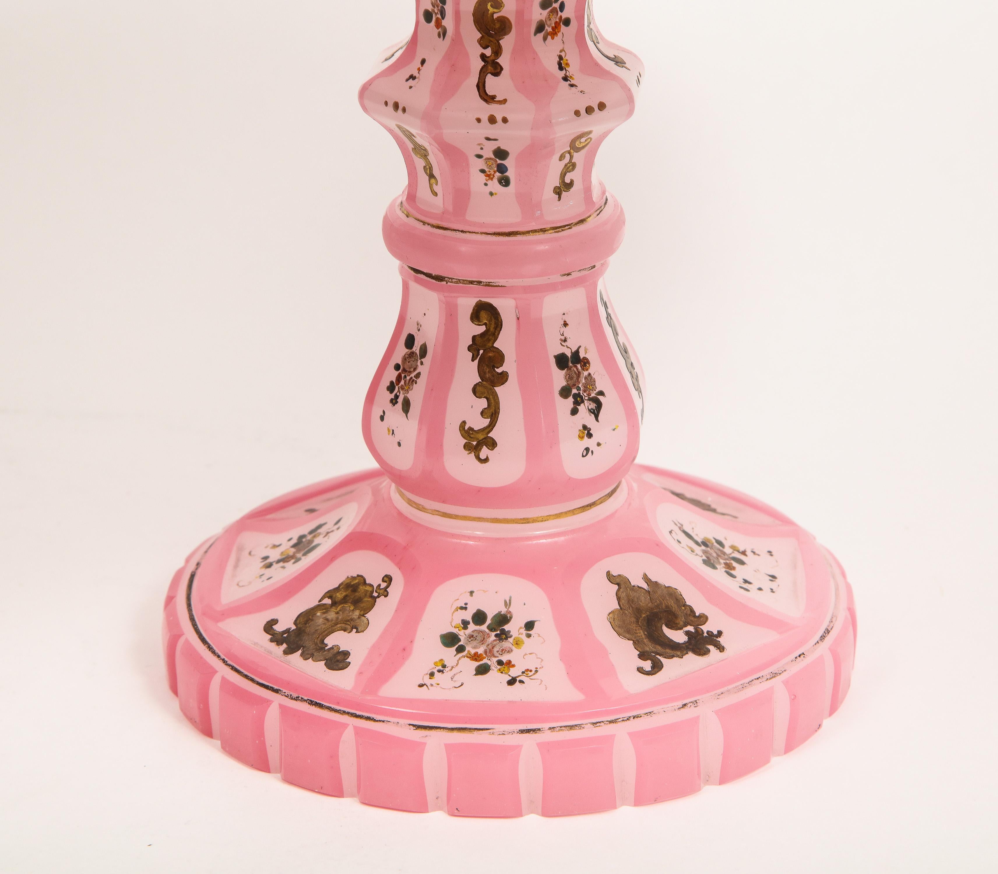 Exceptional Quality Pink Triple Overlay Enameled Bohemian Glass Cake Stand In Good Condition In New York, NY