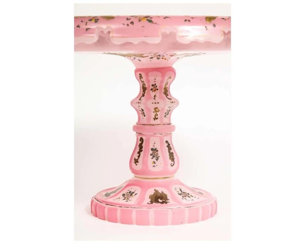19th Century Exceptional Quality Pink Triple Overlay Enameled Bohemian Glass Cake Stand For Sale
