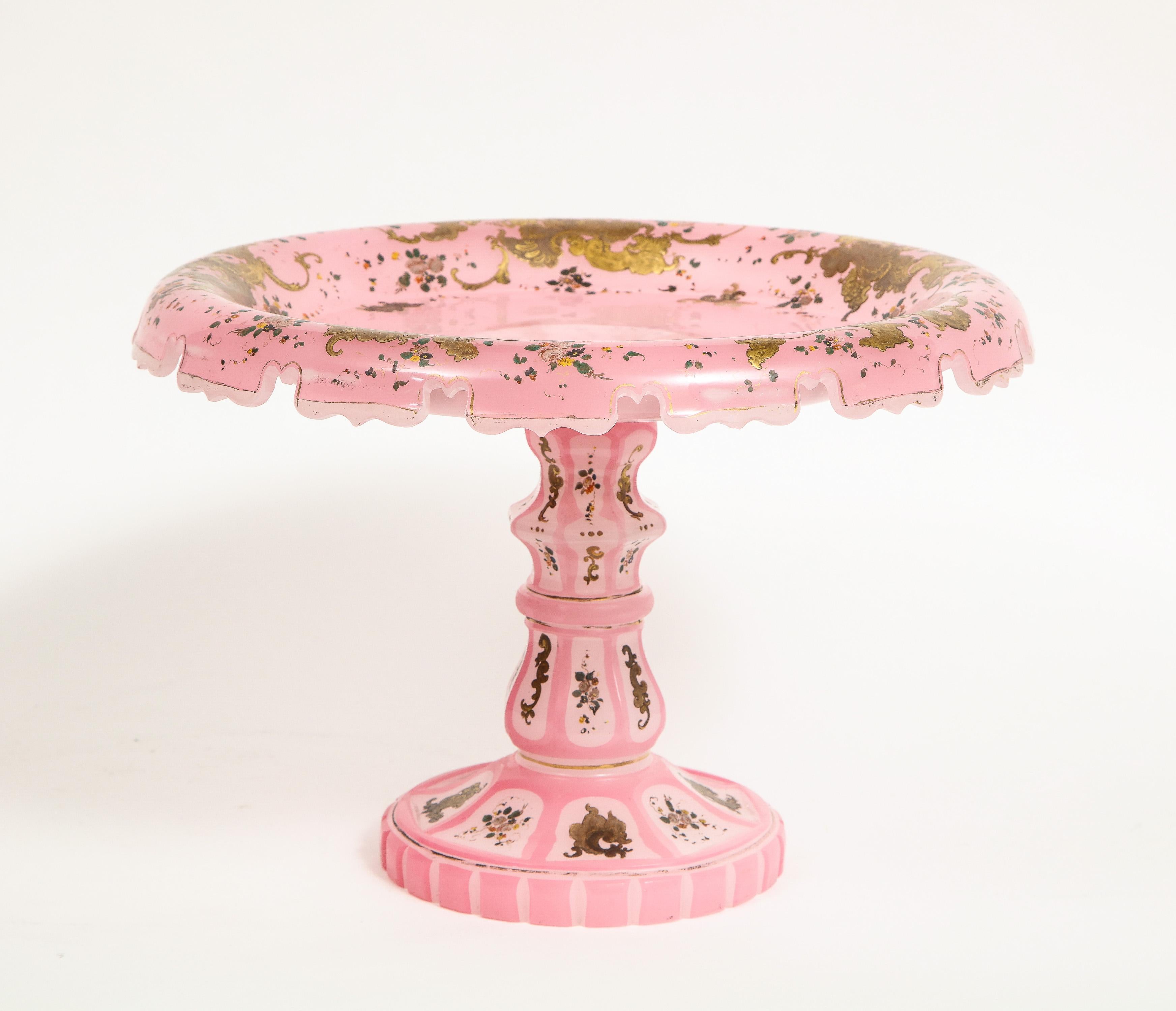 19th Century Exceptional Quality Pink Triple Overlay Enameled Bohemian Glass Cake Stand