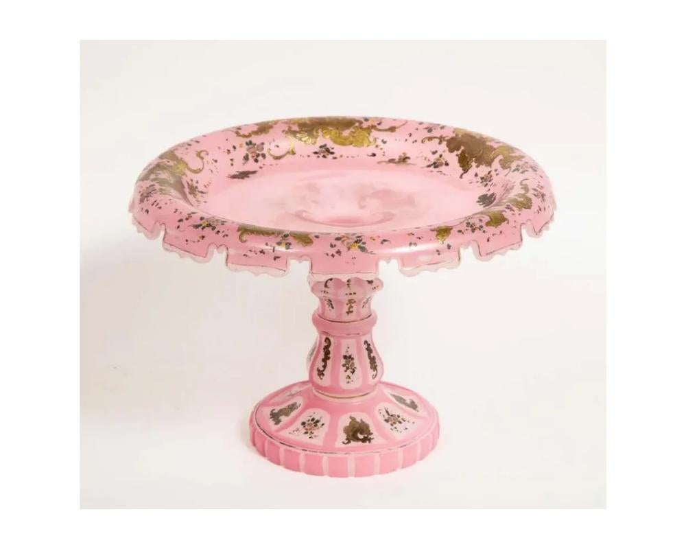 Exceptional Quality Pink Triple Overlay Enameled Bohemian Glass Cake Stand For Sale 1