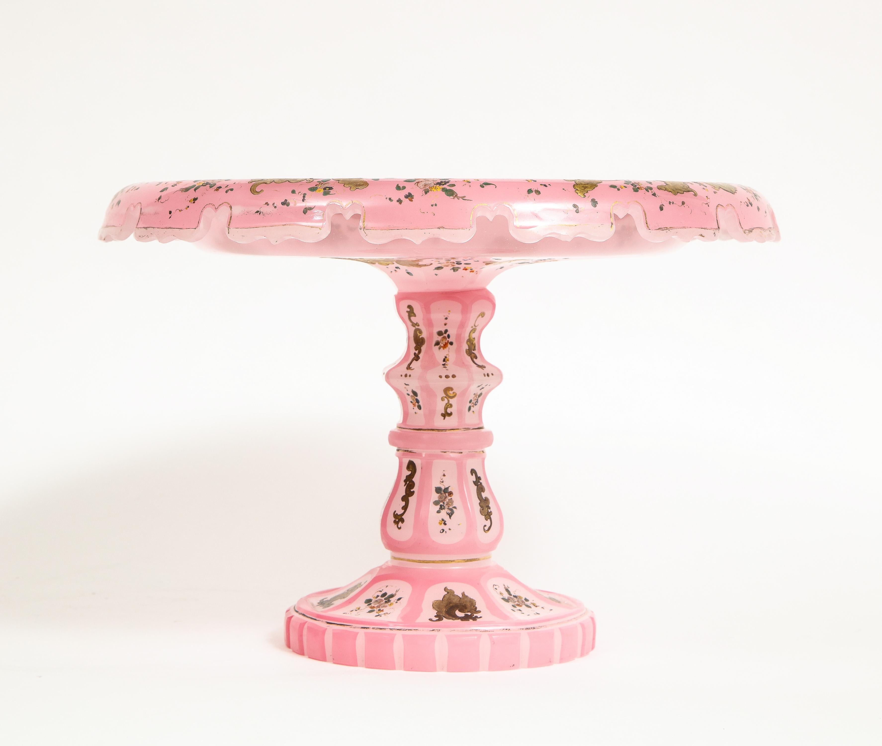 Exceptional Quality Pink Triple Overlay Enameled Bohemian Glass Cake Stand 1