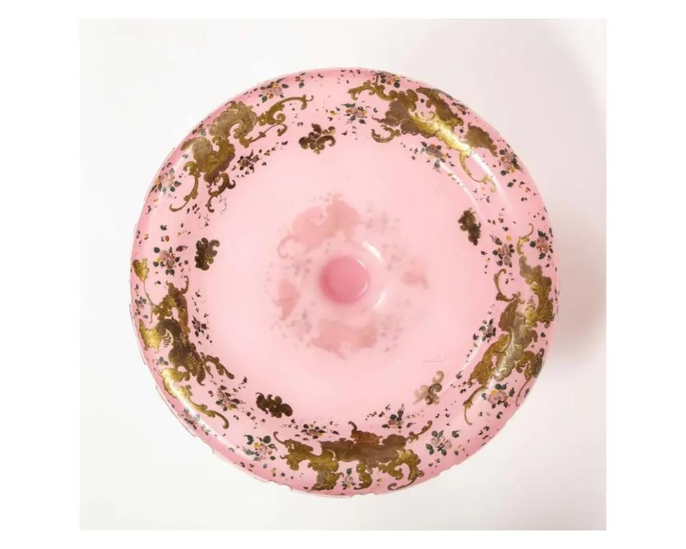 Exceptional Quality Pink Triple Overlay Enameled Bohemian Glass Cake Stand For Sale 2