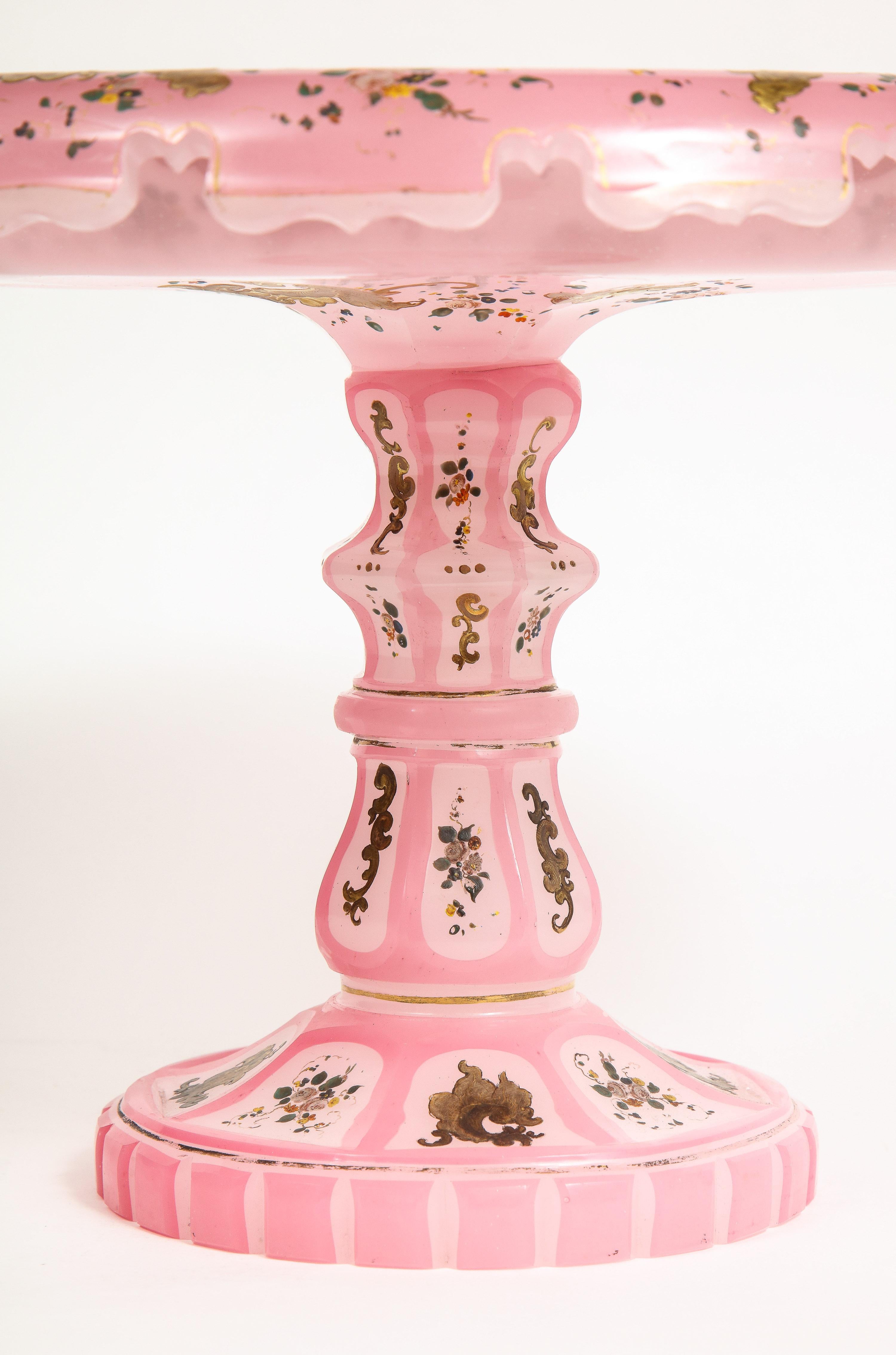 Exceptional Quality Pink Triple Overlay Enameled Bohemian Glass Cake Stand 2