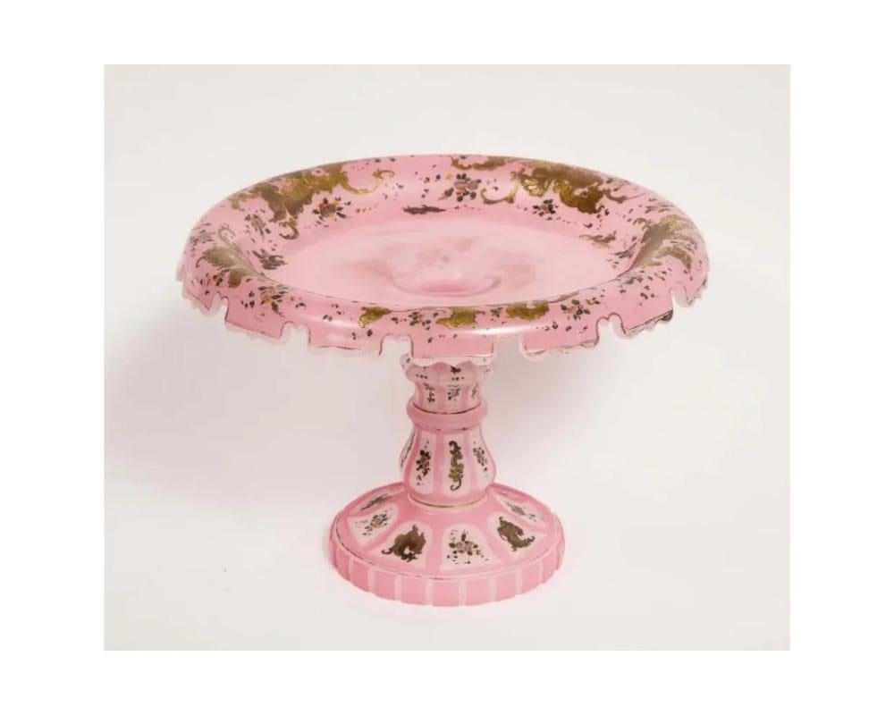 Exceptional Quality Pink Triple Overlay Enameled Bohemian Glass Cake Stand For Sale 3