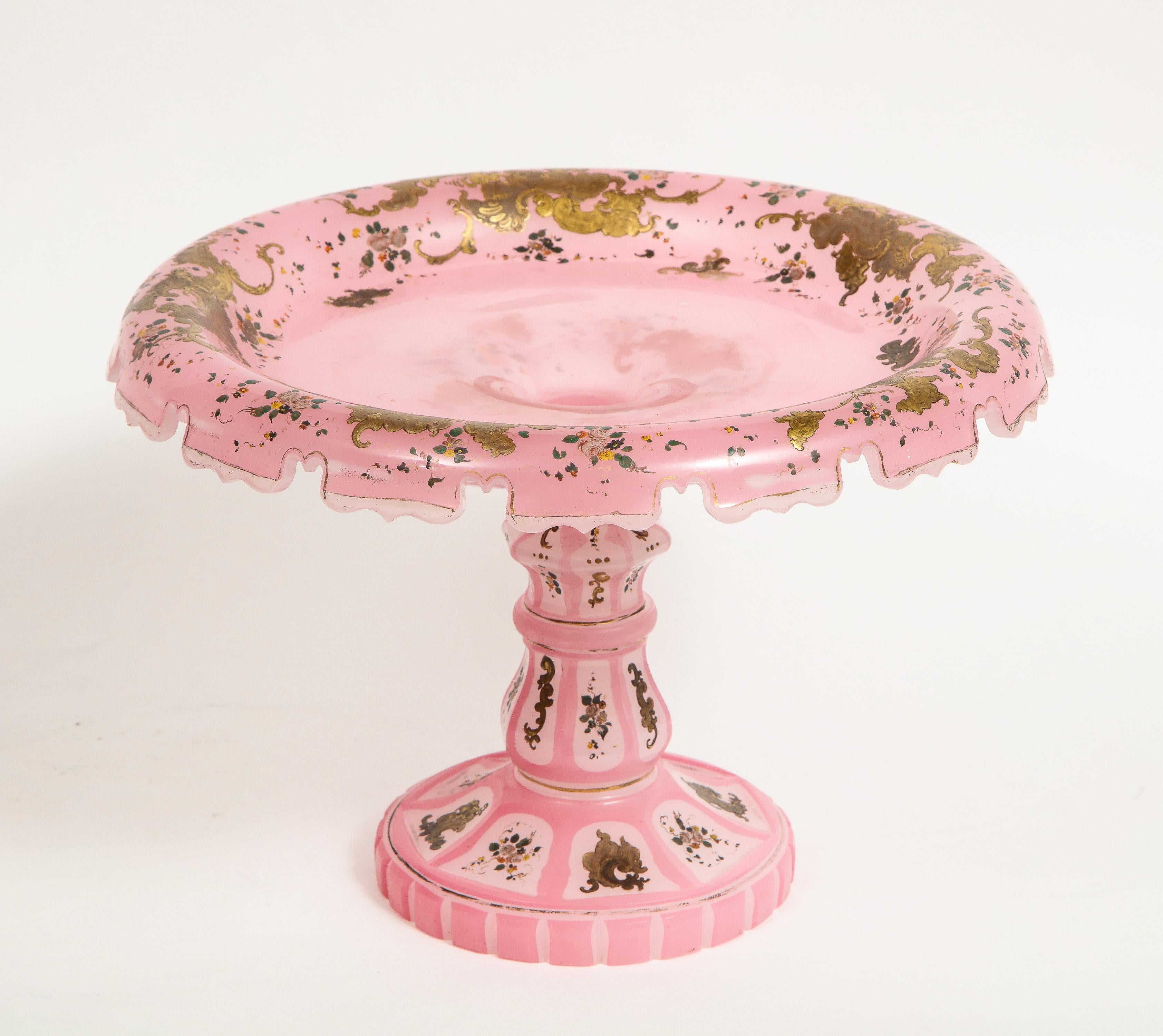 Exceptional Quality Pink Triple Overlay Enameled Bohemian Glass Cake Stand 3