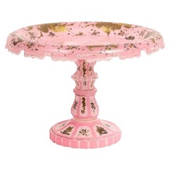 Antique Exceptional Quality Pink Triple Overlay Enameled Bohemian Glass Cake Stand