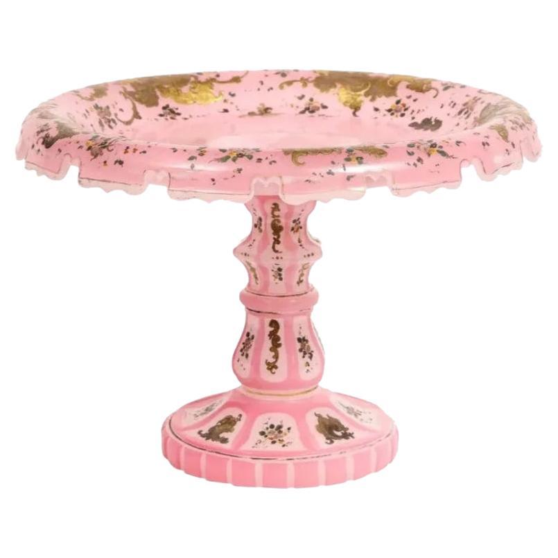 Exceptional Quality Pink Triple Overlay Enameled Bohemian Glass Cake Stand For Sale