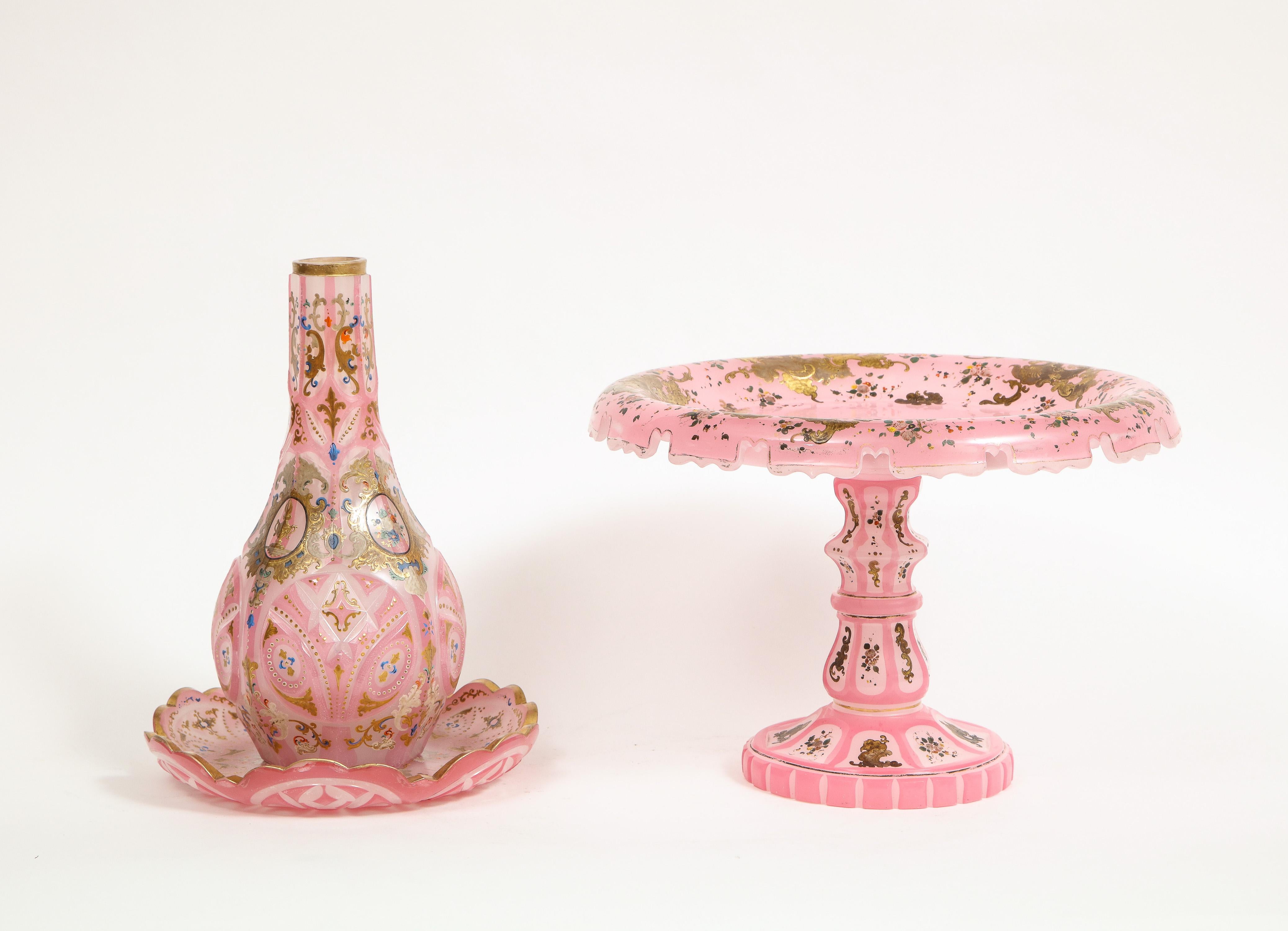 Exceptional Quality Pink Triple Overlay Enameled Bohemian Glass Hookah and Plate 8