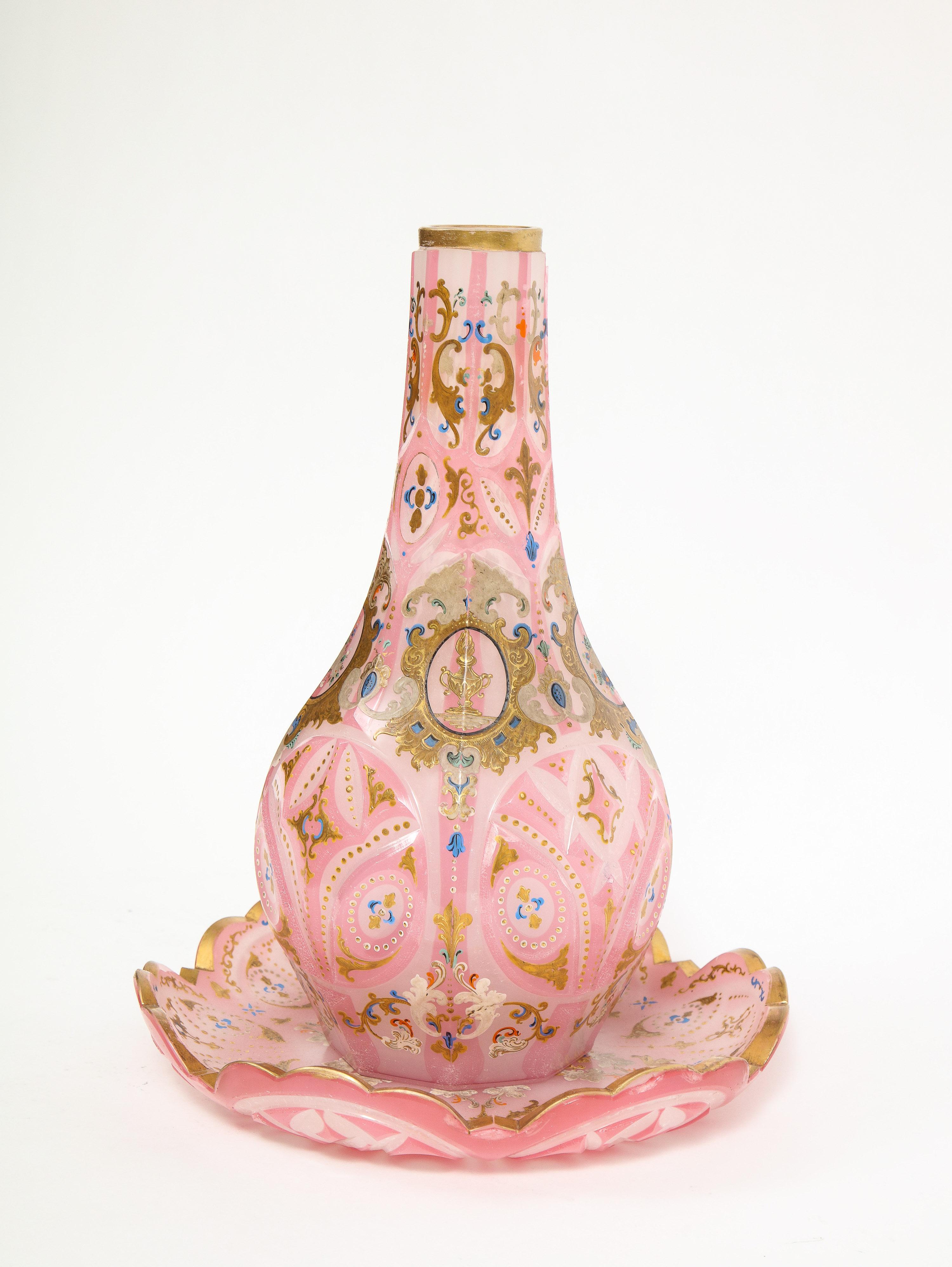 Exceptional quality pink triple overlay enameled Bohemian glass Hookah Nargile base with original plate, 19th century.

Made for the Ottoman Islamic market. 

Fantastic detailing throughout, enameled with flowers sand trophy medallions.
