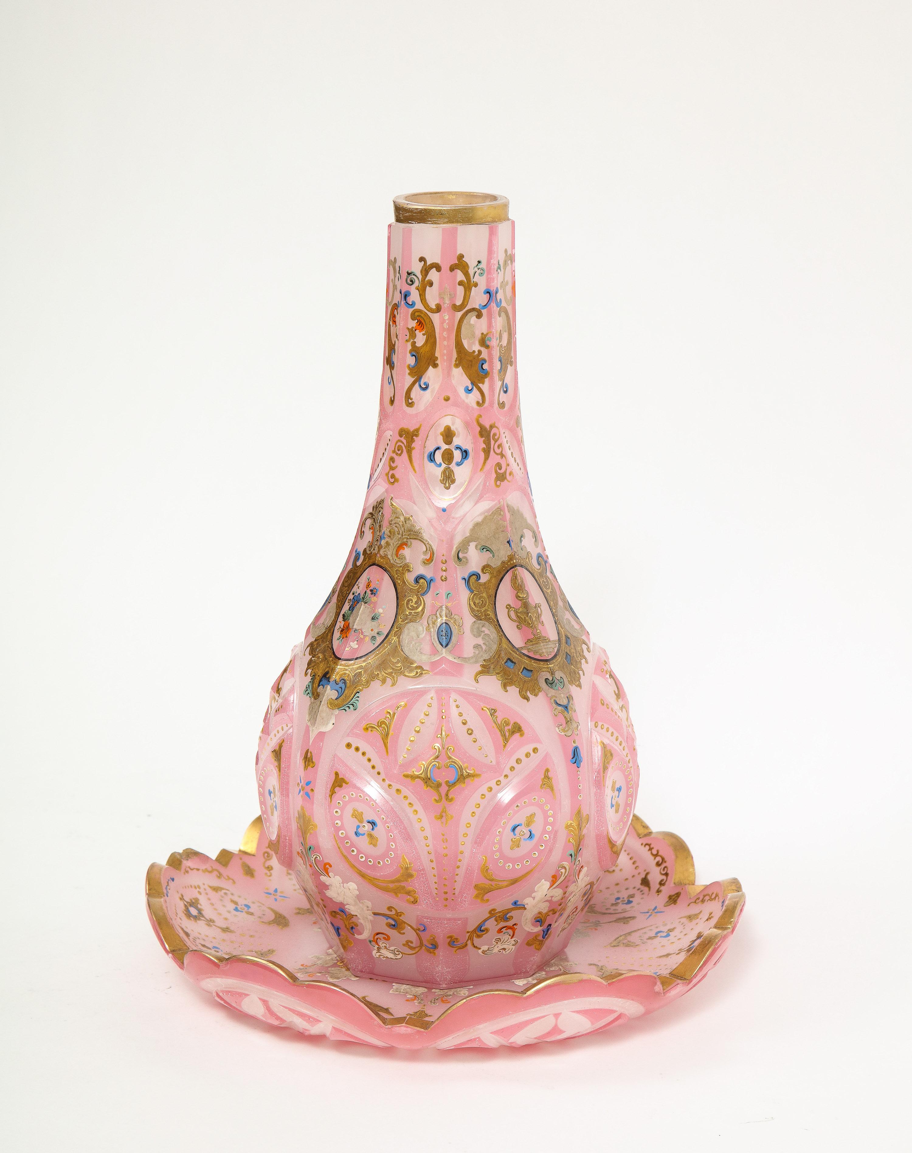 19th Century Exceptional Quality Pink Triple Overlay Enameled Bohemian Glass Hookah and Plate